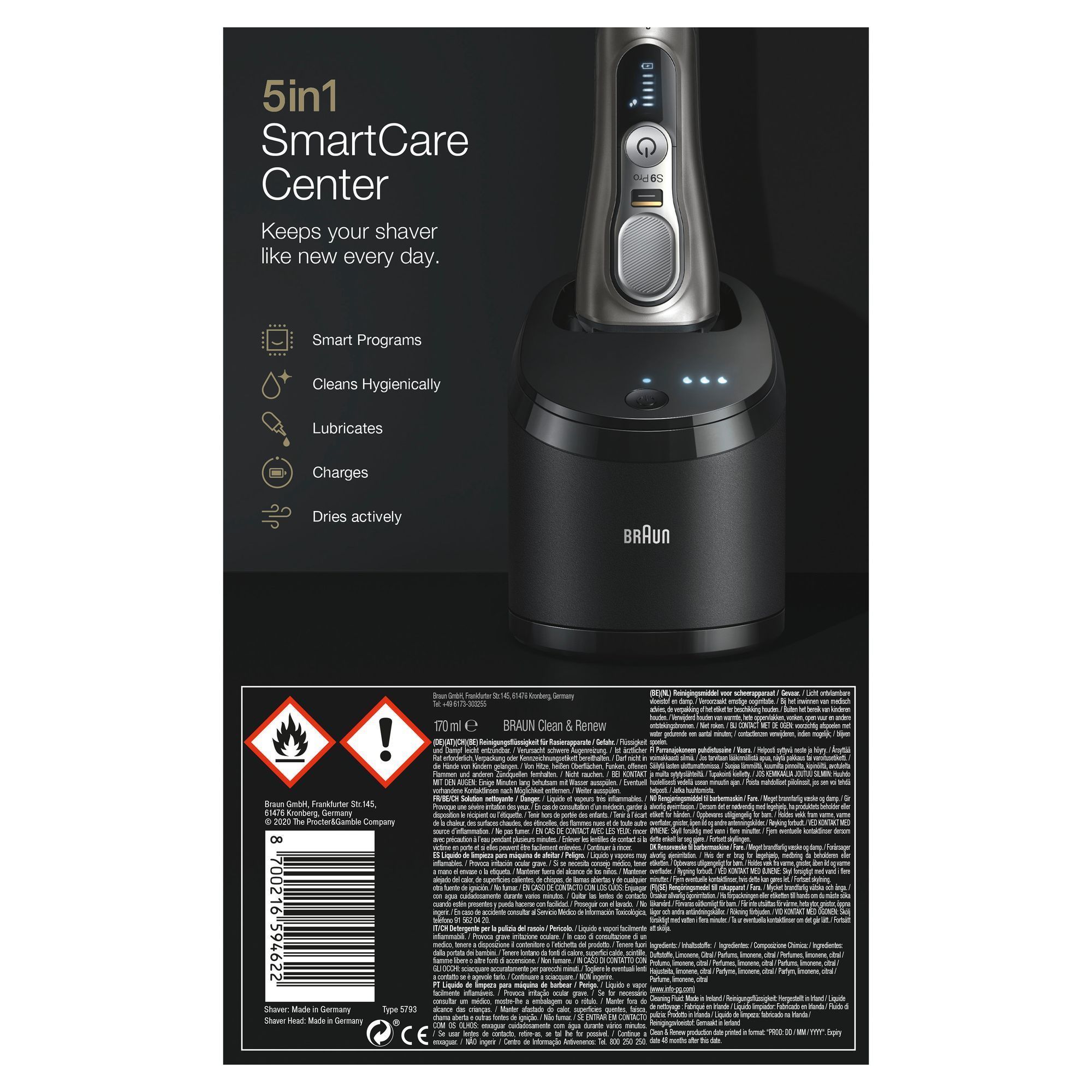 Braun 5in1 SmartCare Center Verpackung, die hervorhebt, dass der Rasierer jeden Tag wie neu bleibt.