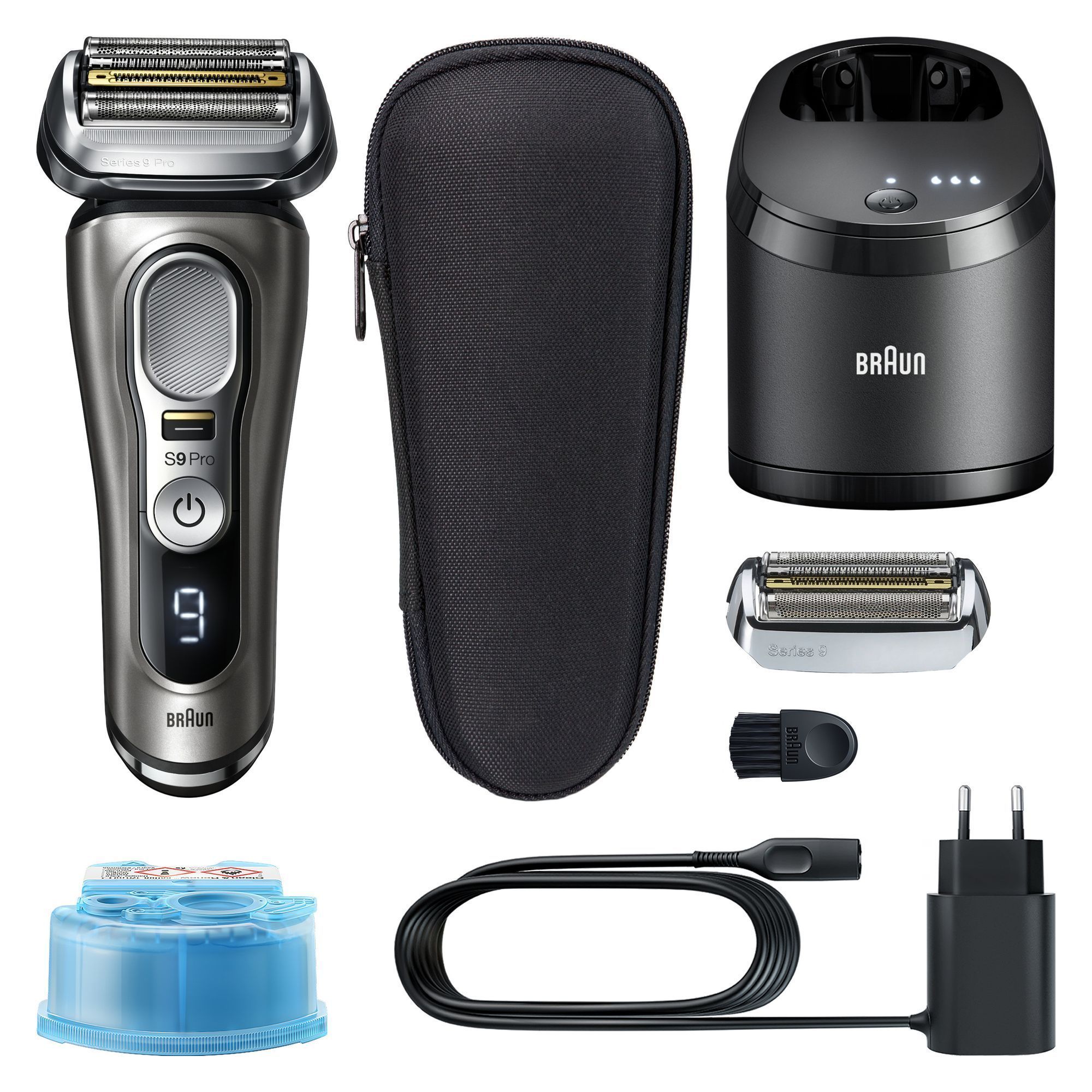 Braun Series 9 Pro Rasierer mit Reinigungsstation, Reiseetui, Ersatzscherkopf und weiterem Zubehör für eine umfassende Rasurpflege.