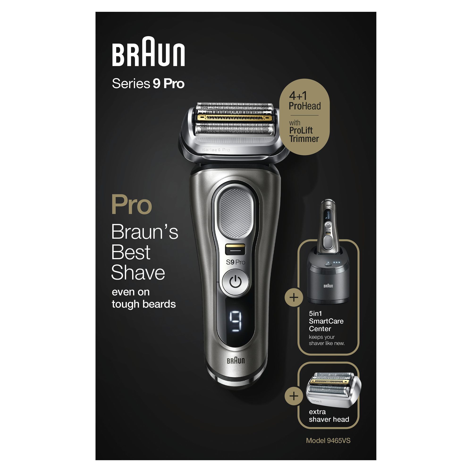 Braun Series 9 Pro Rasierer mit 4+1 ProHead Aufsatz, inklusive ProLift Trimmer für eine gründliche Rasur.