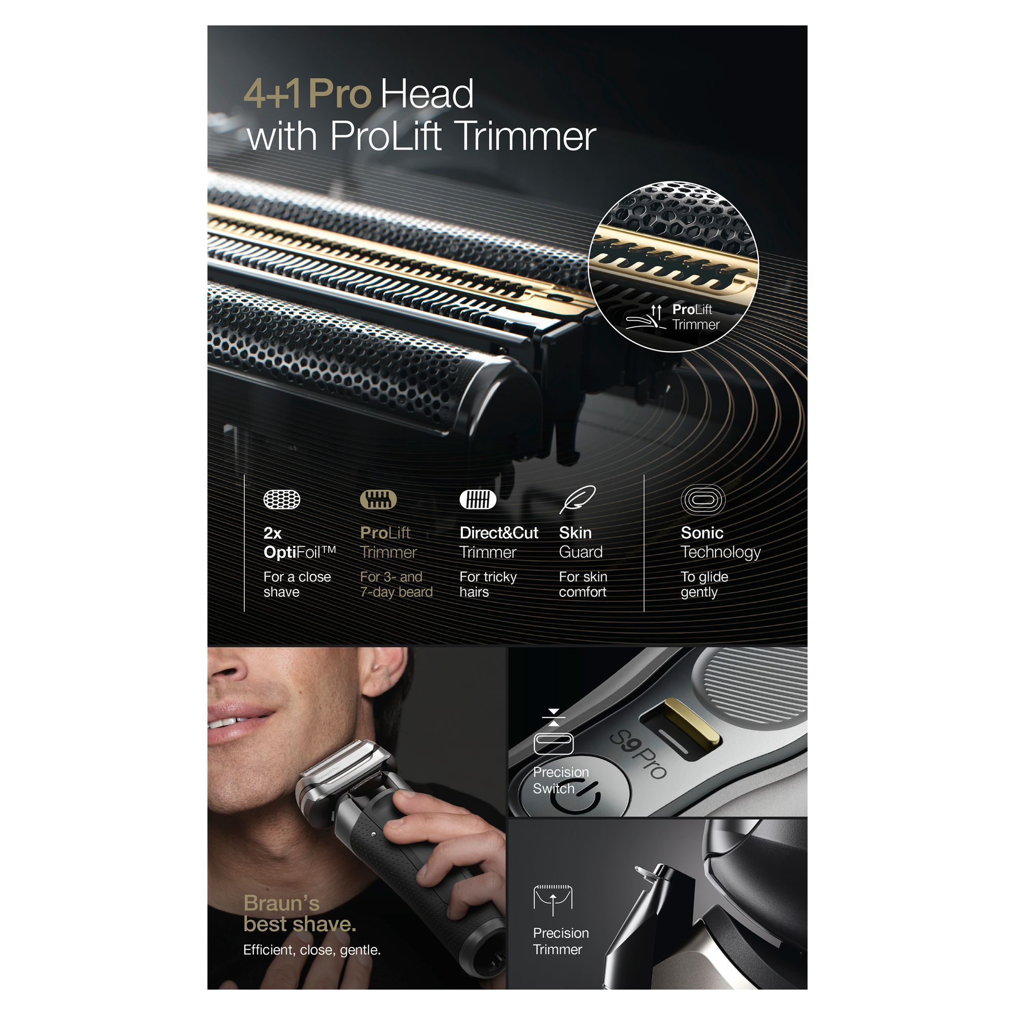 Braun Series 9 Pro Rasierer mit 4+1 Pro Head und ProLift Trimmer für eine gründliche und sanfte Rasur.