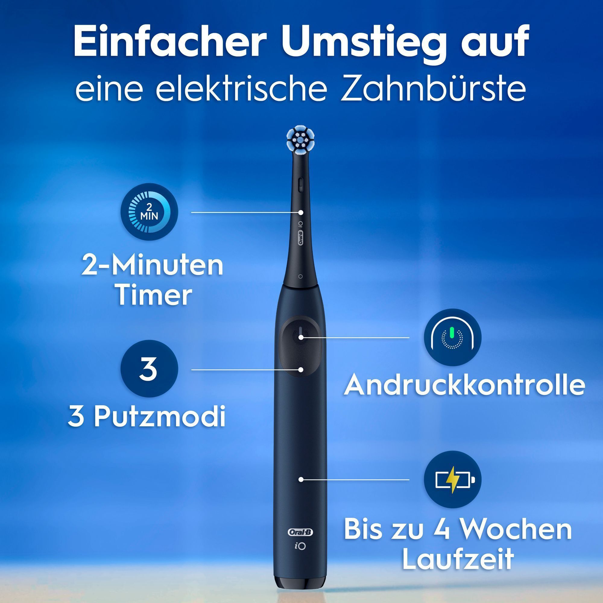 Elektrische Zahnbürste mit 2-Minuten Timer, 3 Putzmodi, Andruckkontrolle und 4 Wochen Laufzeit.