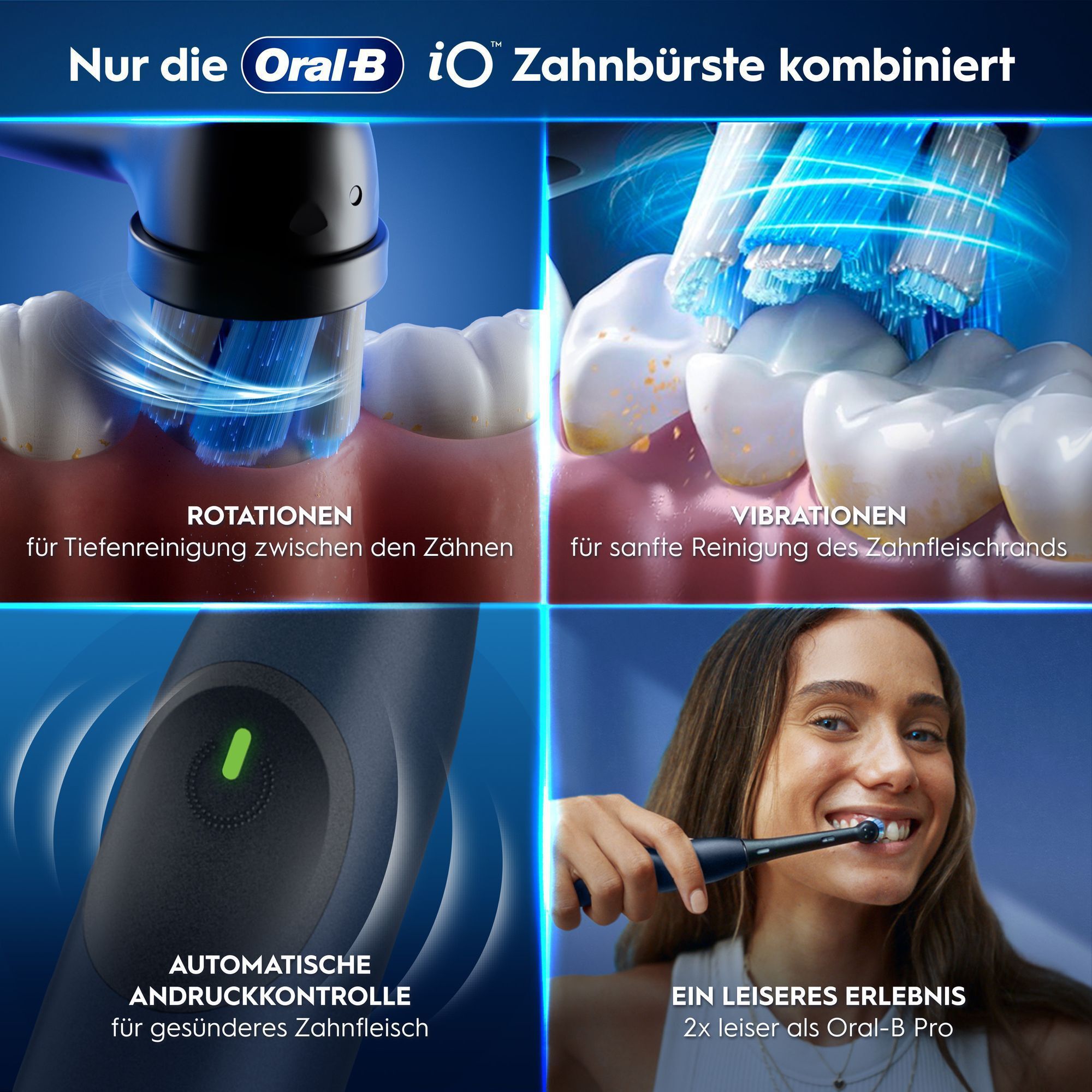 Oral-B iO Zahnbürste, die Rotation, Vibration, Andruckkontrolle & leises Putzen kombiniert.