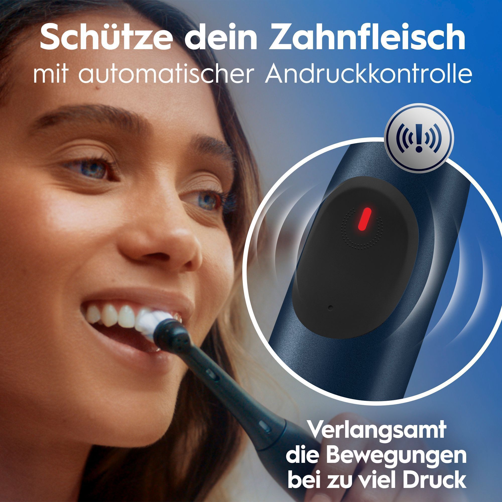 Zahnbürste mit Andruckkontrolle, die bei zu starkem Druck die Bewegungen automatisch verlangsamt