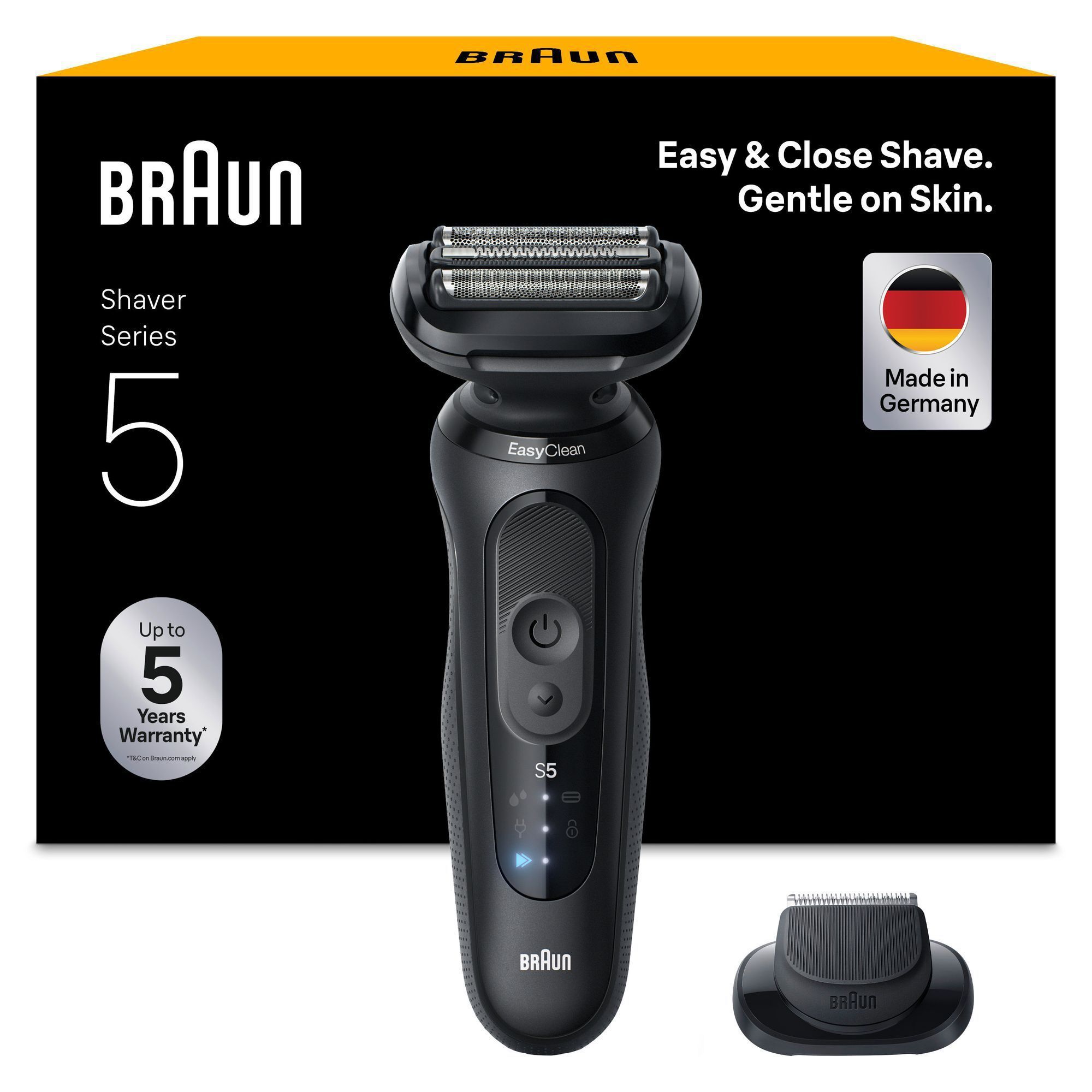 Braun Series 5 Rasierer mit Verpackung, die Easy & Close Shave. Gentle on Skin hervorhebt.