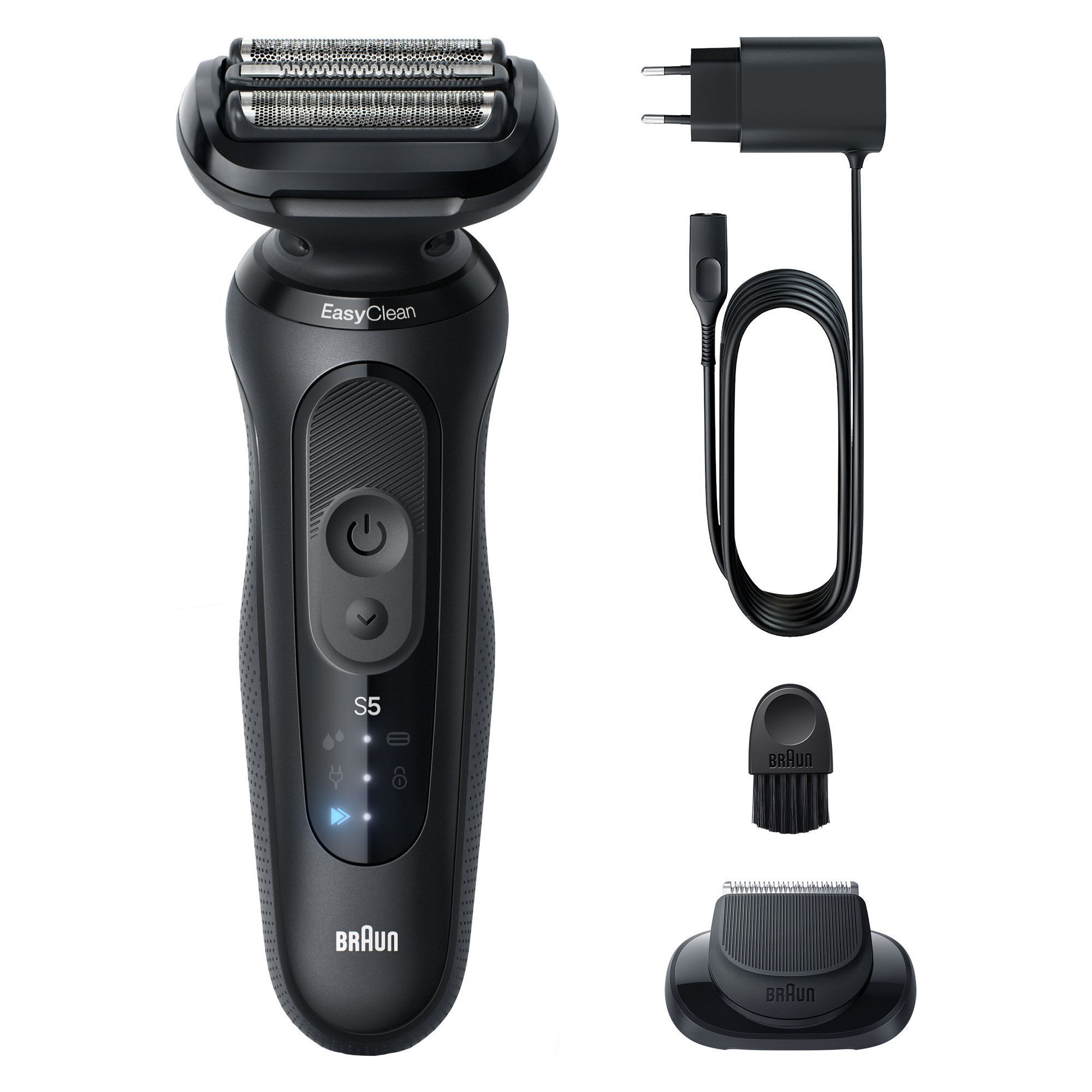Braun Series 5 Rasierer mit EasyClean, LadegerÃ¤t, ReinigungsbÃ¼rste, Trimmeraufsatz und Reiseetui abgebildet.