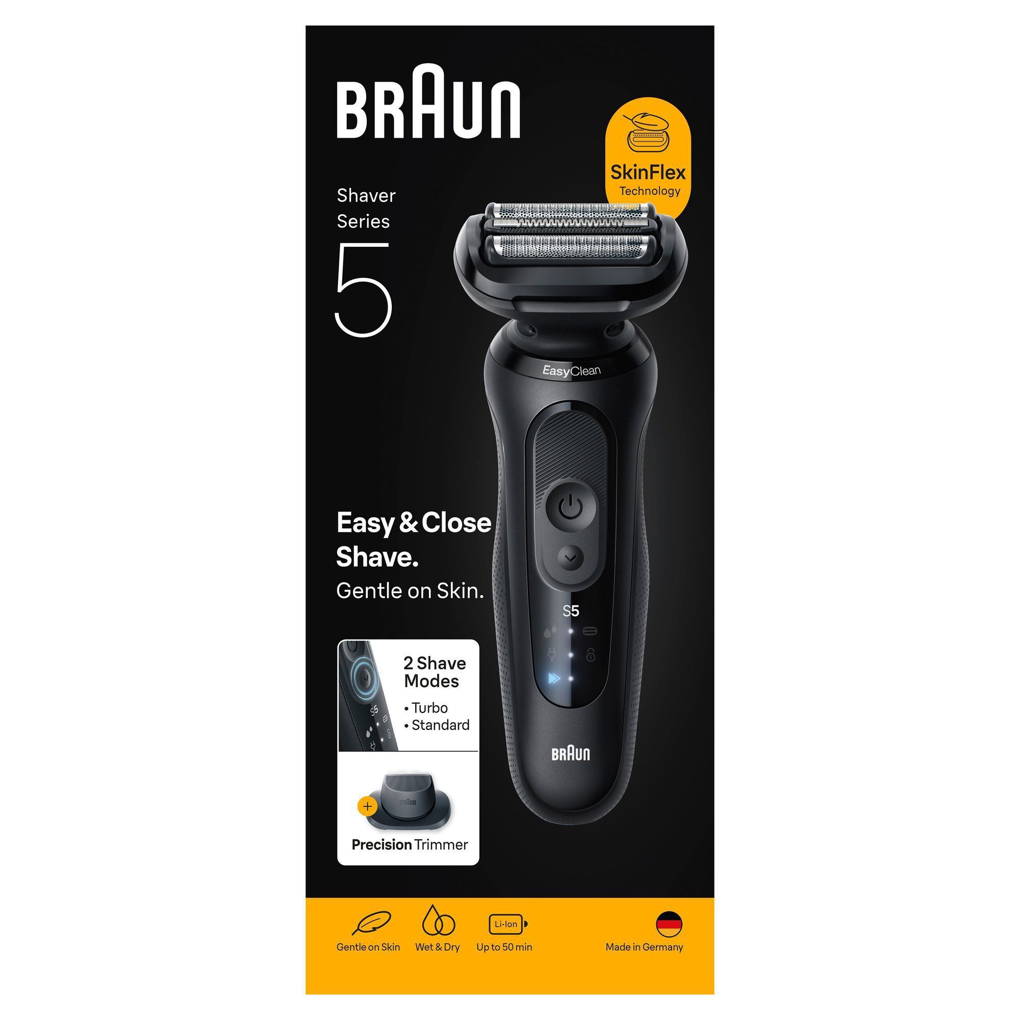 Braun Series 5 Rasierer, Verpackung mit dem Hinweis auf SkinFlex Technologie fÃ¼r eine sanfte Rasur.