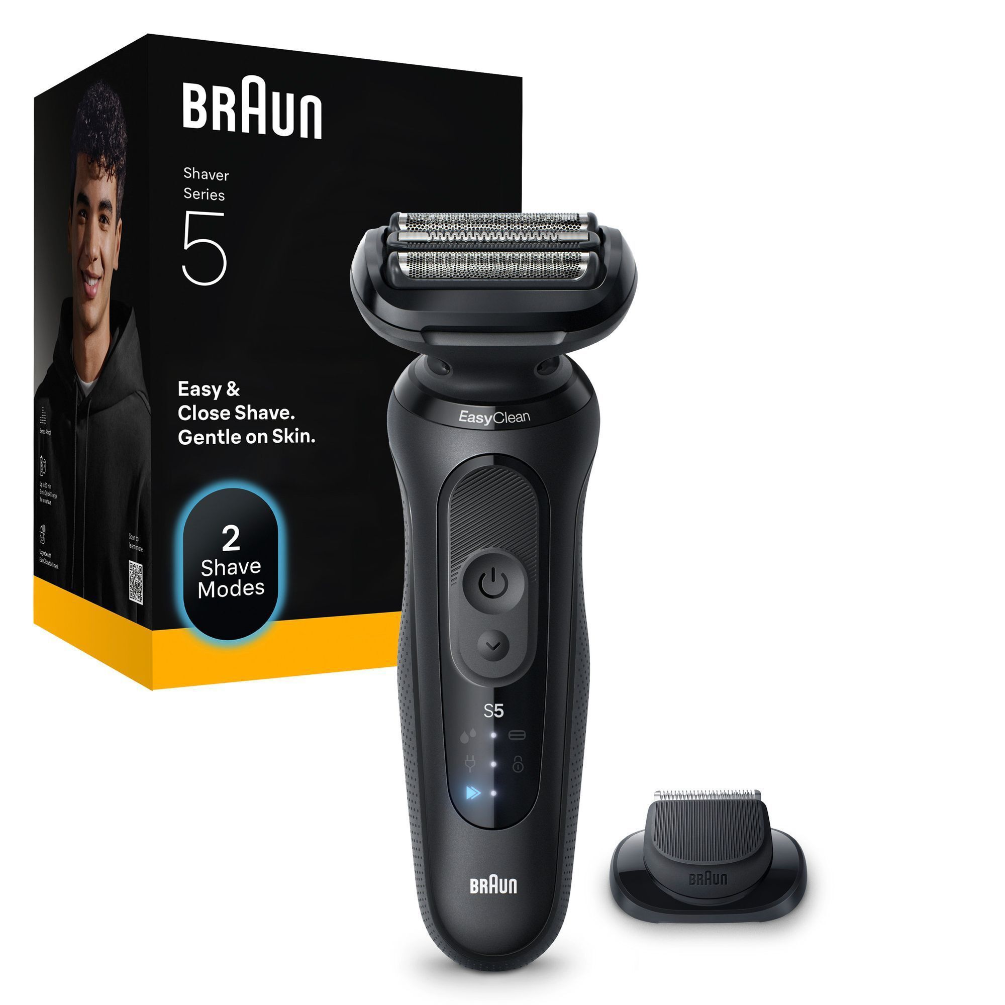 Braun Series 5 Rasierer mit Verpackung, die Easy & Close Shave. Gentle on Skin. hervorhebt.