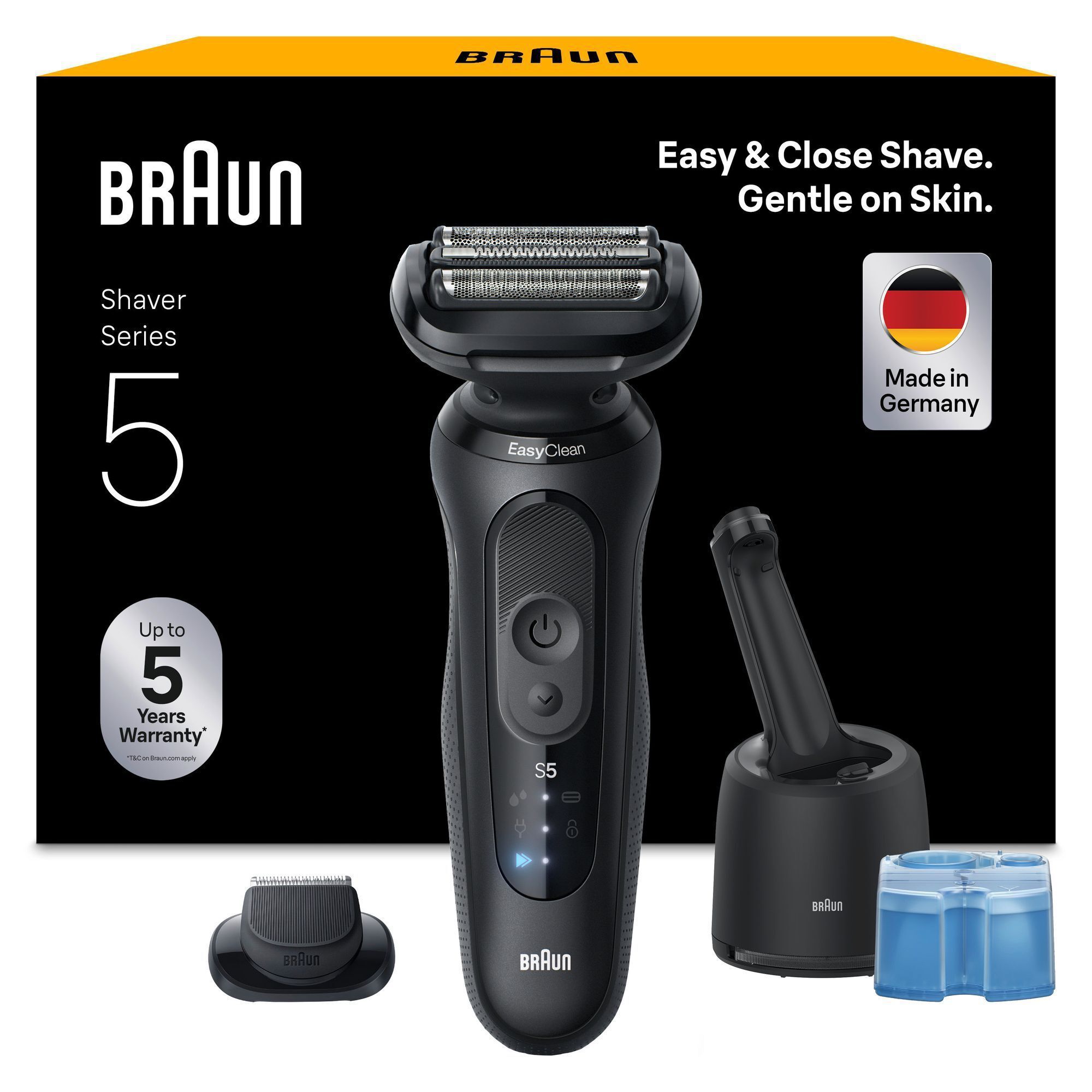 Braun Series 5 Rasierer mit Reinigungsstation und dem Hinweis auf SkinFlex Technologie fÃ¼r eine sanfte Rasur.