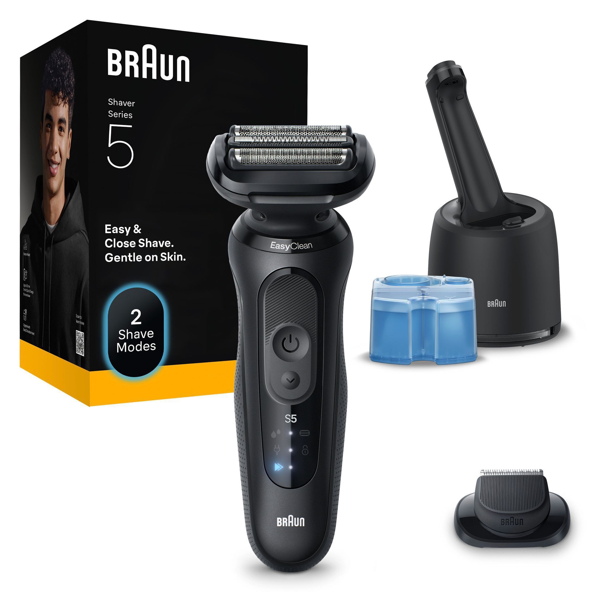 Braun Series 5 Rasierer mit EasyClean-System, Ladestation und der Aufschrift Easy & Close Shave. Gentle on Skin. auf der Verpackung.