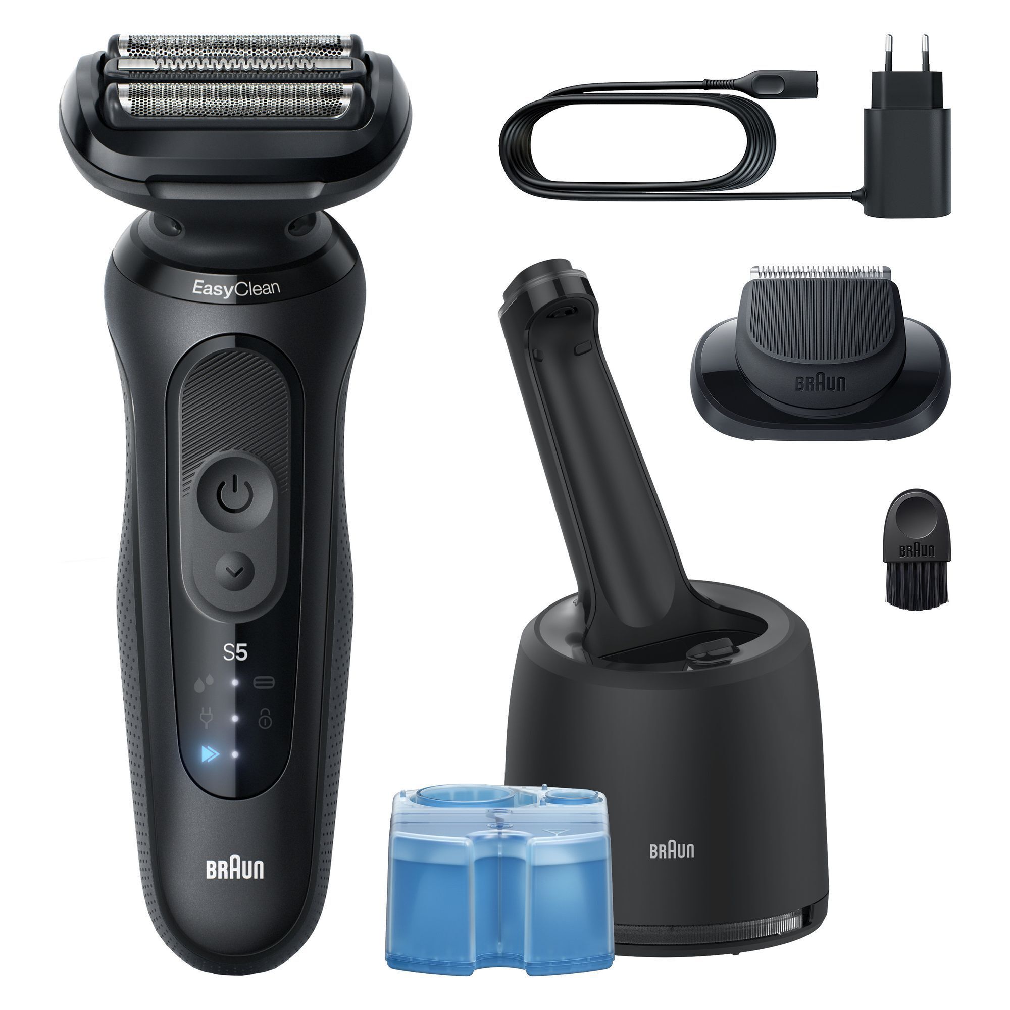 Braun Series 5 Rasierer mit Reinigungsstation, Reiseetui und Zubehör für einfache Reinigung und Aufbewahrung.