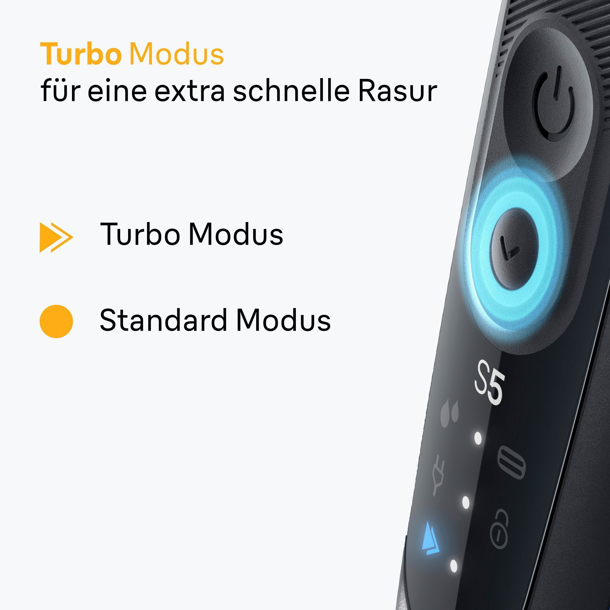 Braun Rasierer S5 mit hervorgehobenem Turbo Modus für eine extra schnelle Rasur.