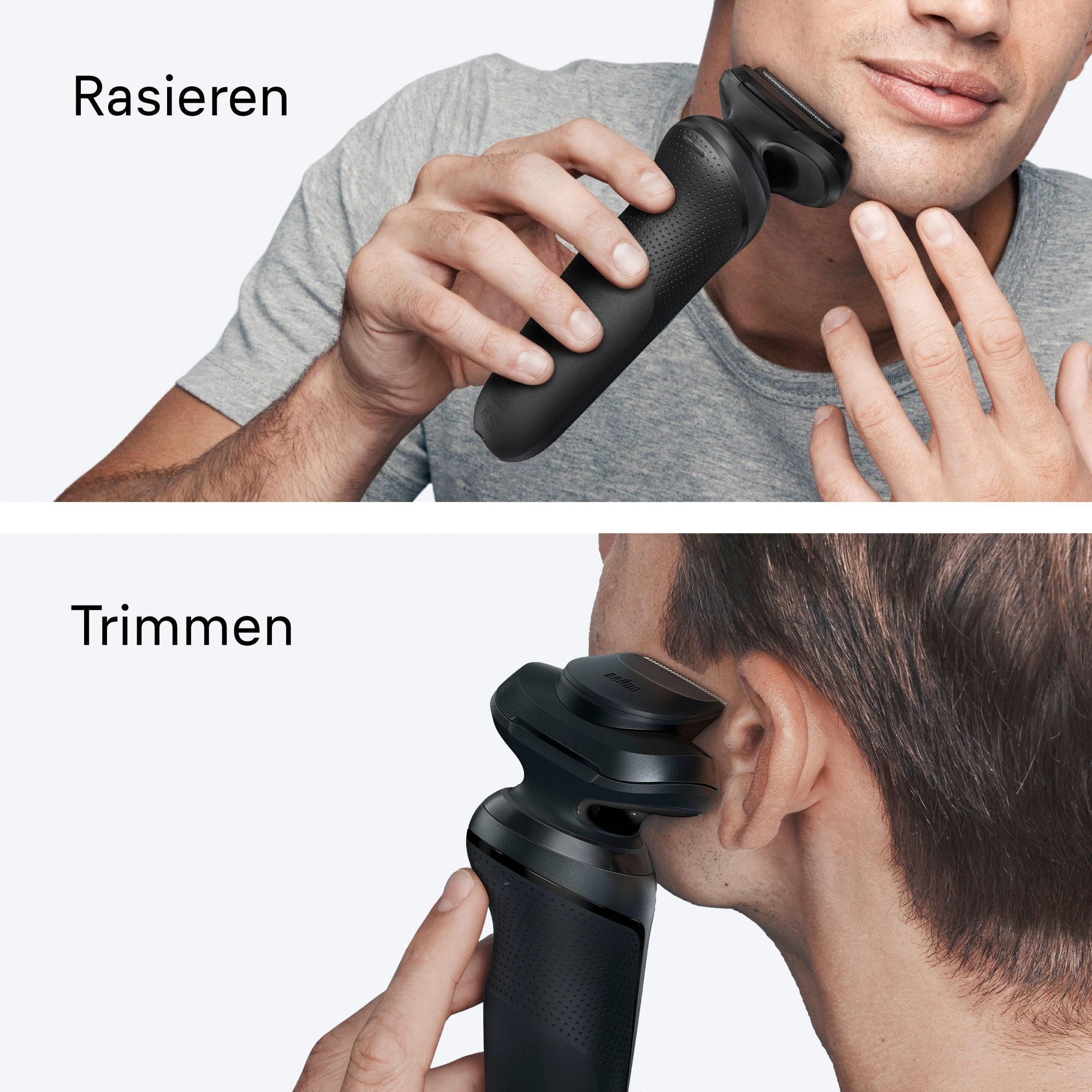 Braun Rasierer im Einsatz zum Rasieren und Trimmen des Bartes und der Haare.