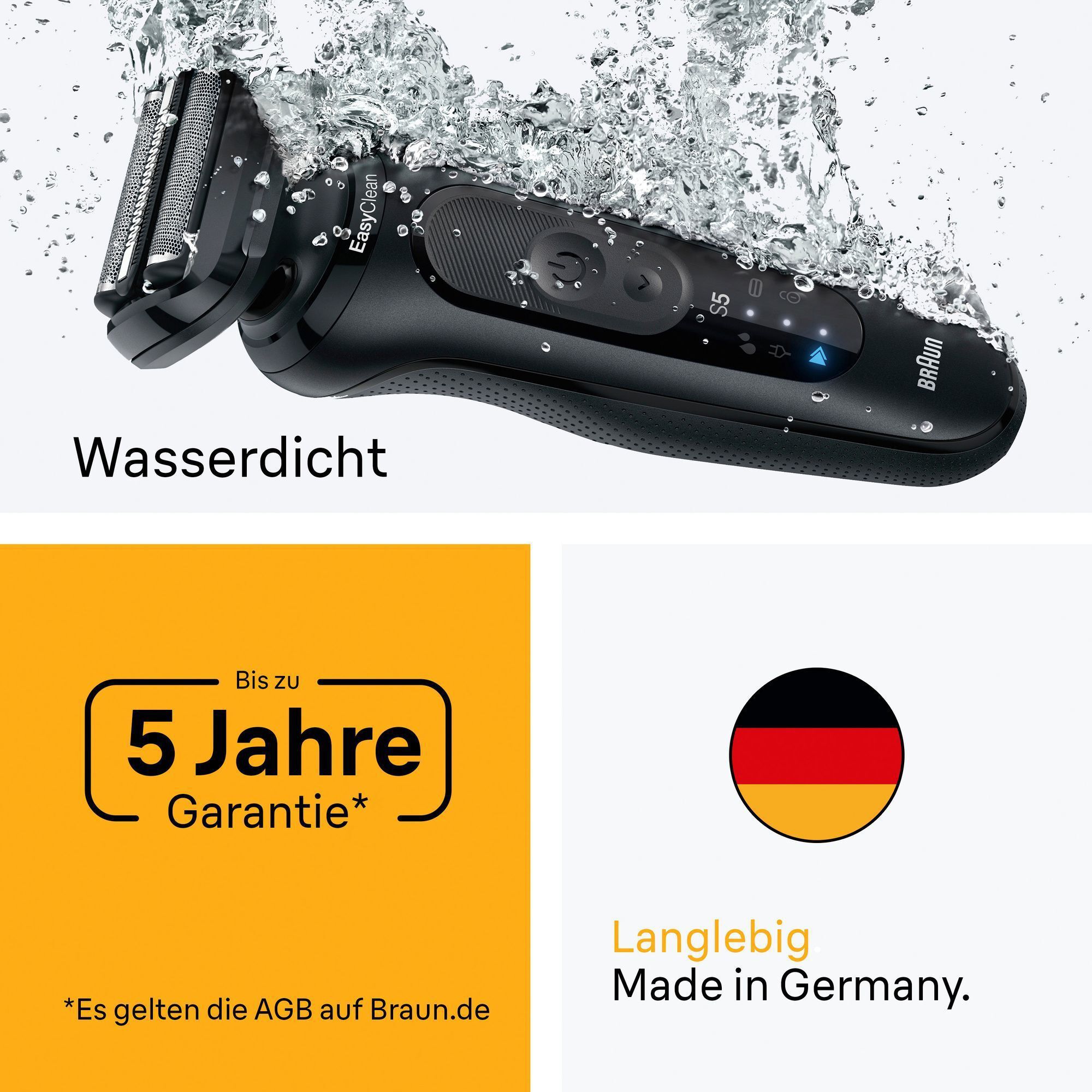 Braun Rasierer Series 5 unter Wasser, was die Wasserdichtigkeit und einfache Reinigung demonstriert.