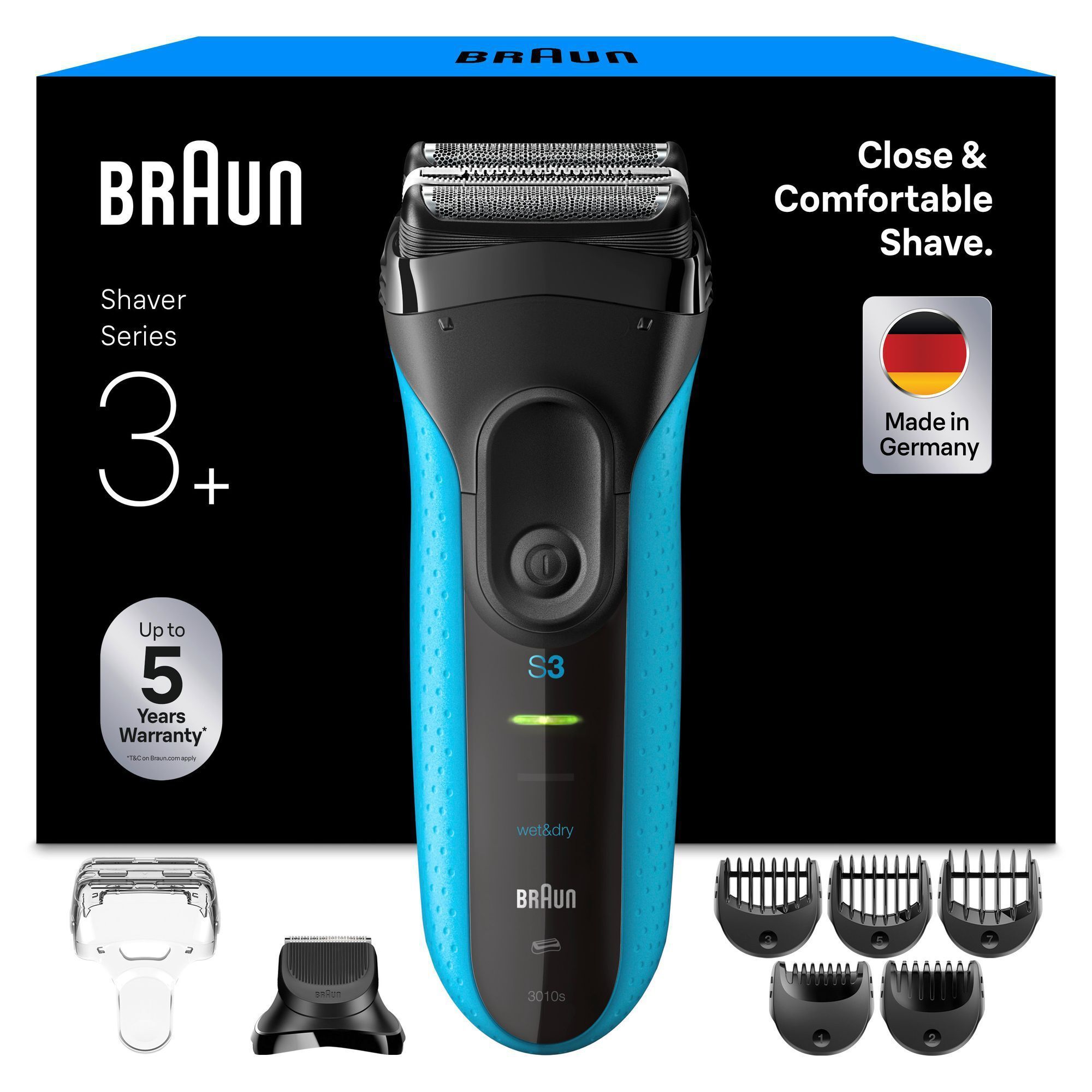 Braun Series 3 Rasierer mit Verpackung und Aufsatz für  eine präzise und komfortable Rasur.
