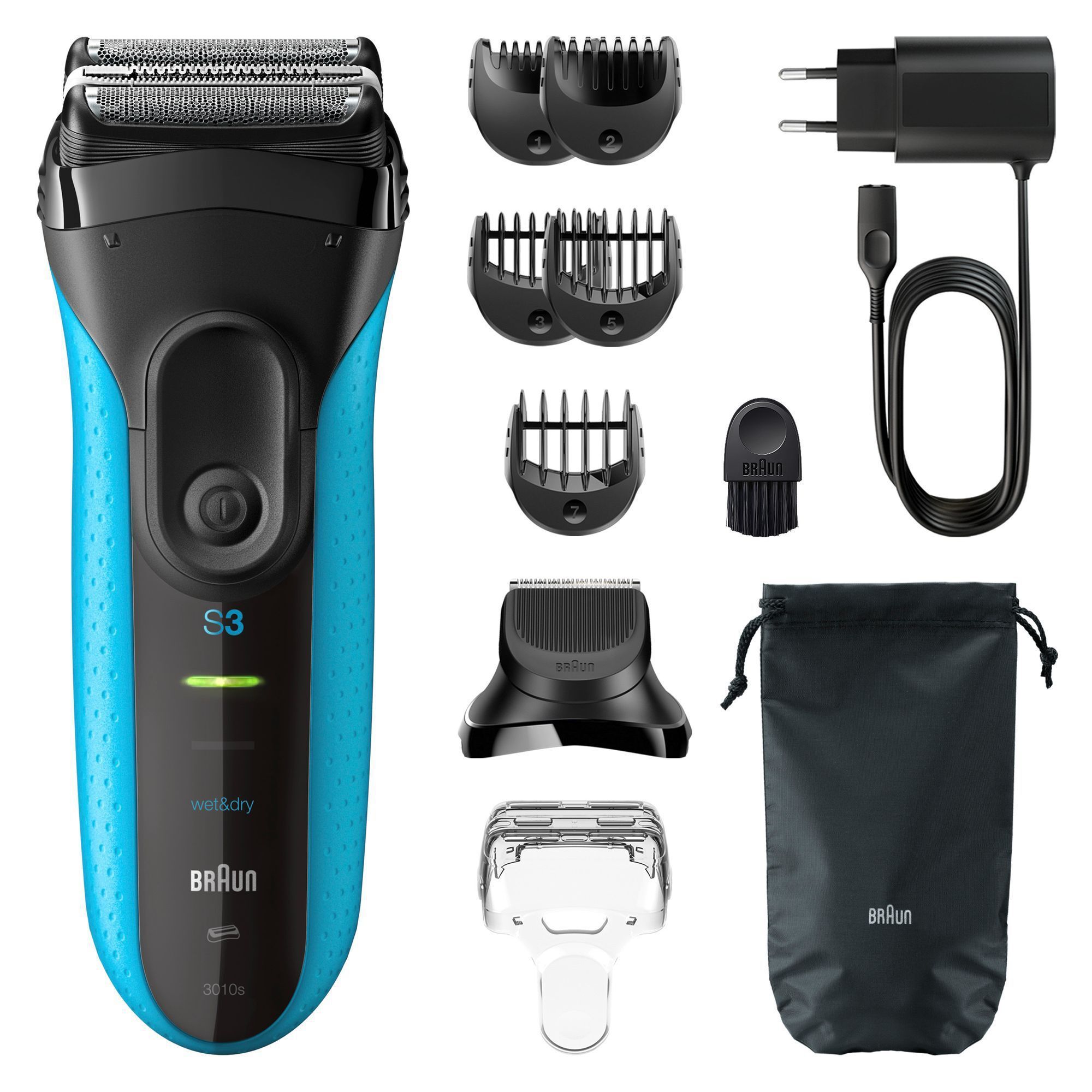 Braun Series 3 Rasierer mit Zubehör, inklusive verschiedener Trimmeraufsätze und einer Aufbewahrungstasche.