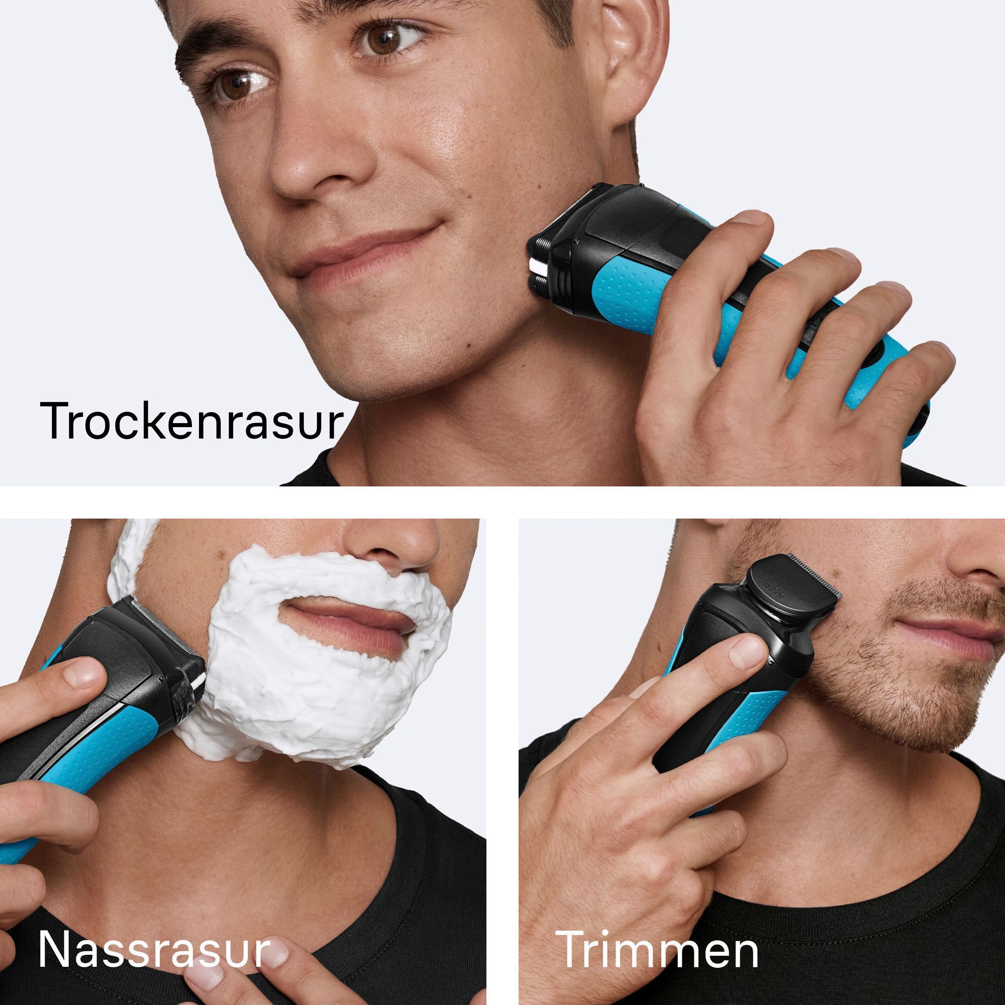 Braun Rasierer im Einsatz für Trockenrasur, Nassrasur mit Schaum und zum Trimmen von Barthaaren.