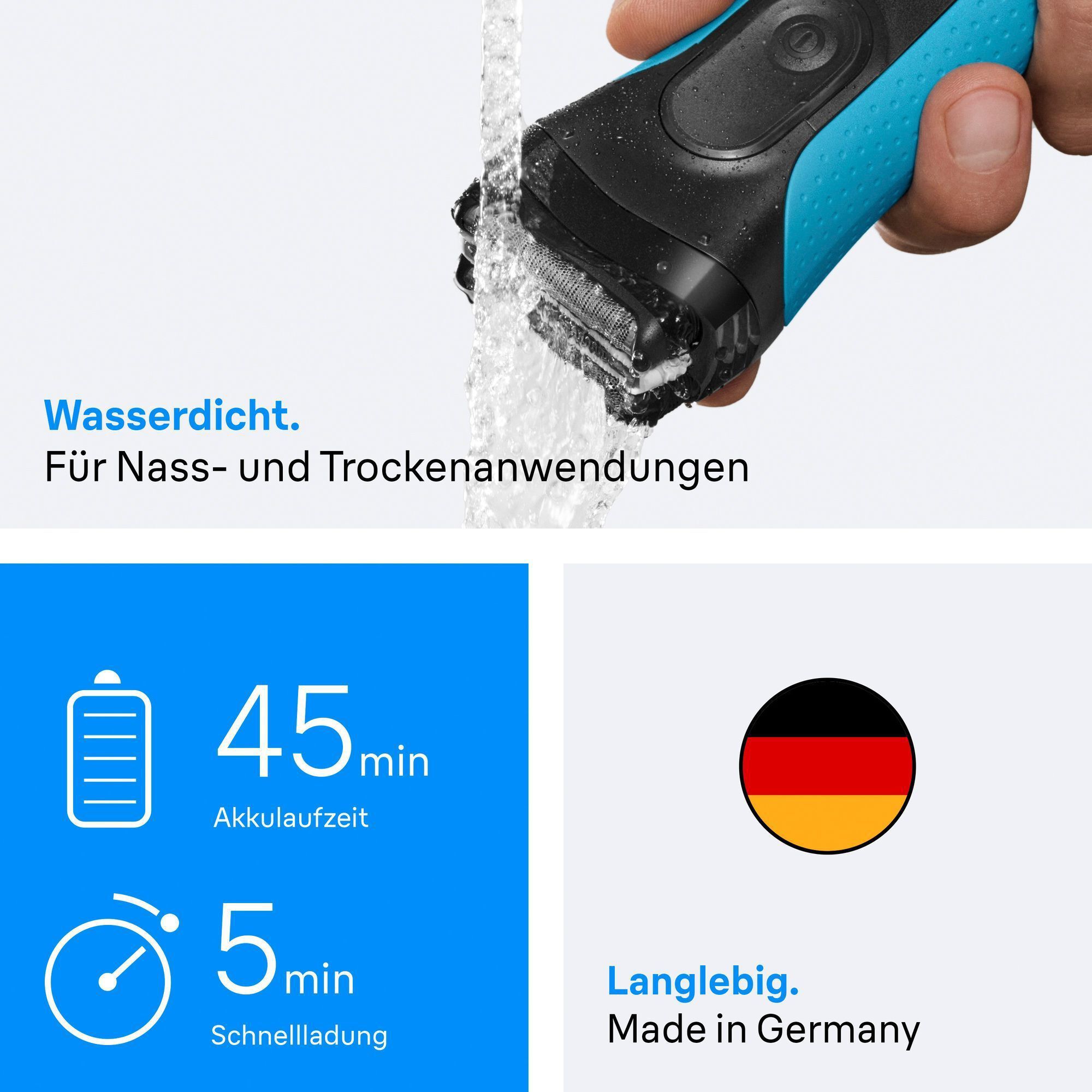 Braun Rasierer unter fließendem Wasser, der die Nass- und Trockenanwendung demonstriert.