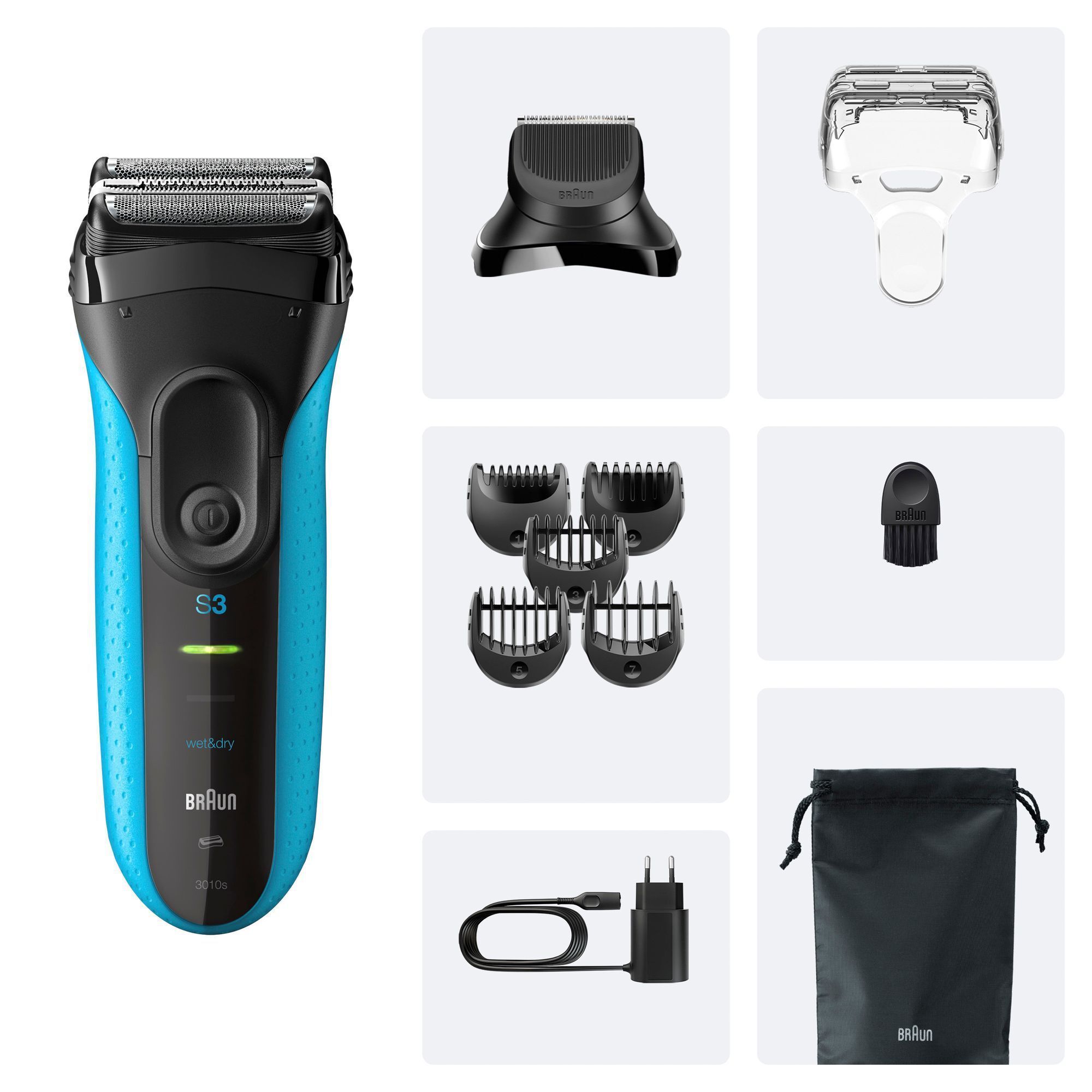 Braun Series 3 Rasierer mit verschiedenen Aufsätzen für Bartstyling und Trimmer, sowie Ladekabel und Aufbewahrungsbeutel.