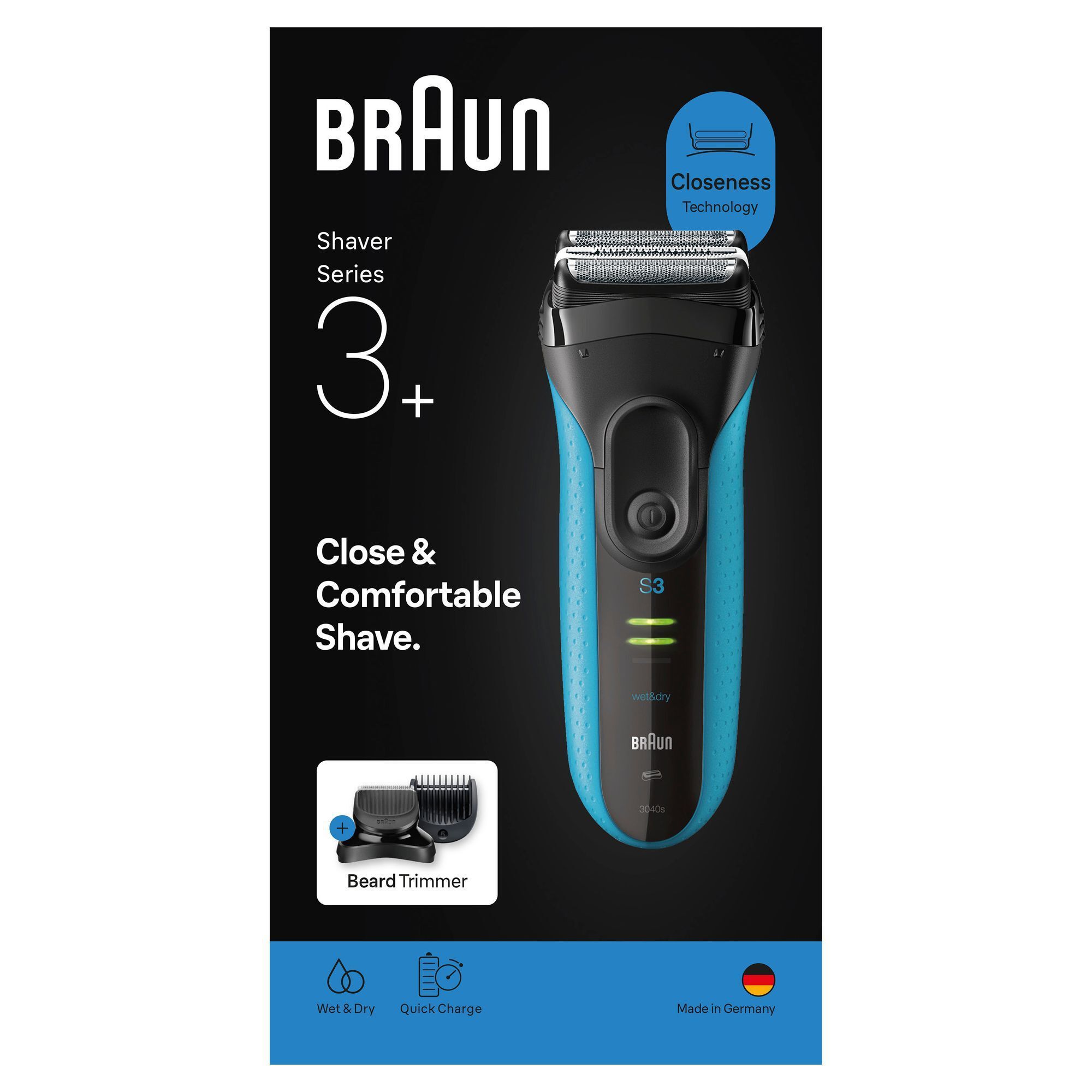 Braun Series 3 Rasierer mit Verpackung, die "Close & Comfortable Shave" und den Barttrimmer-Aufsatz hervorhebt.