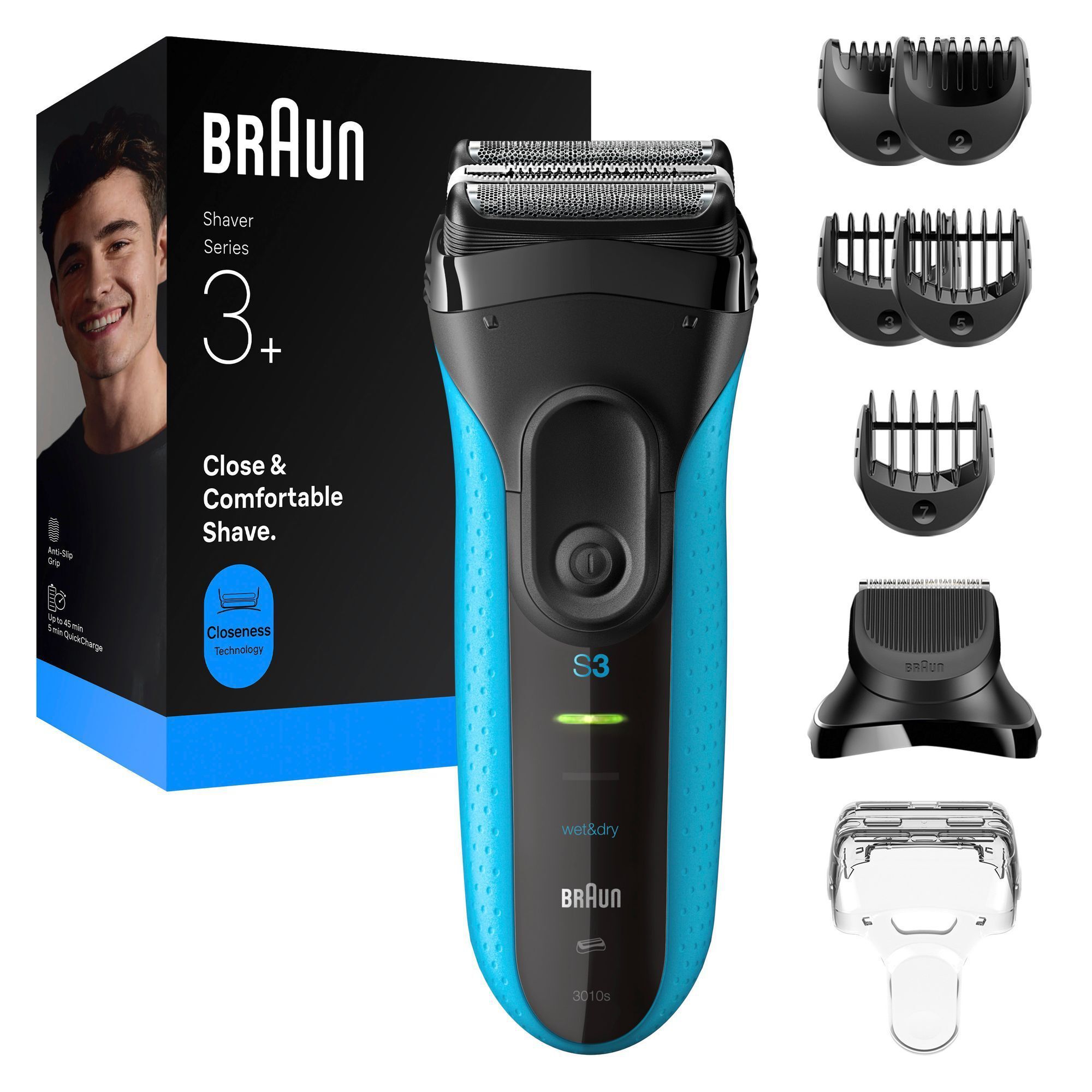 Braun Series 3 Rasierer mit Verpackung, die "Close & Comfortable Shave" und "Closeness Technology" hervorhebt, sowie verschiedenen Trimmeraufsätzen.