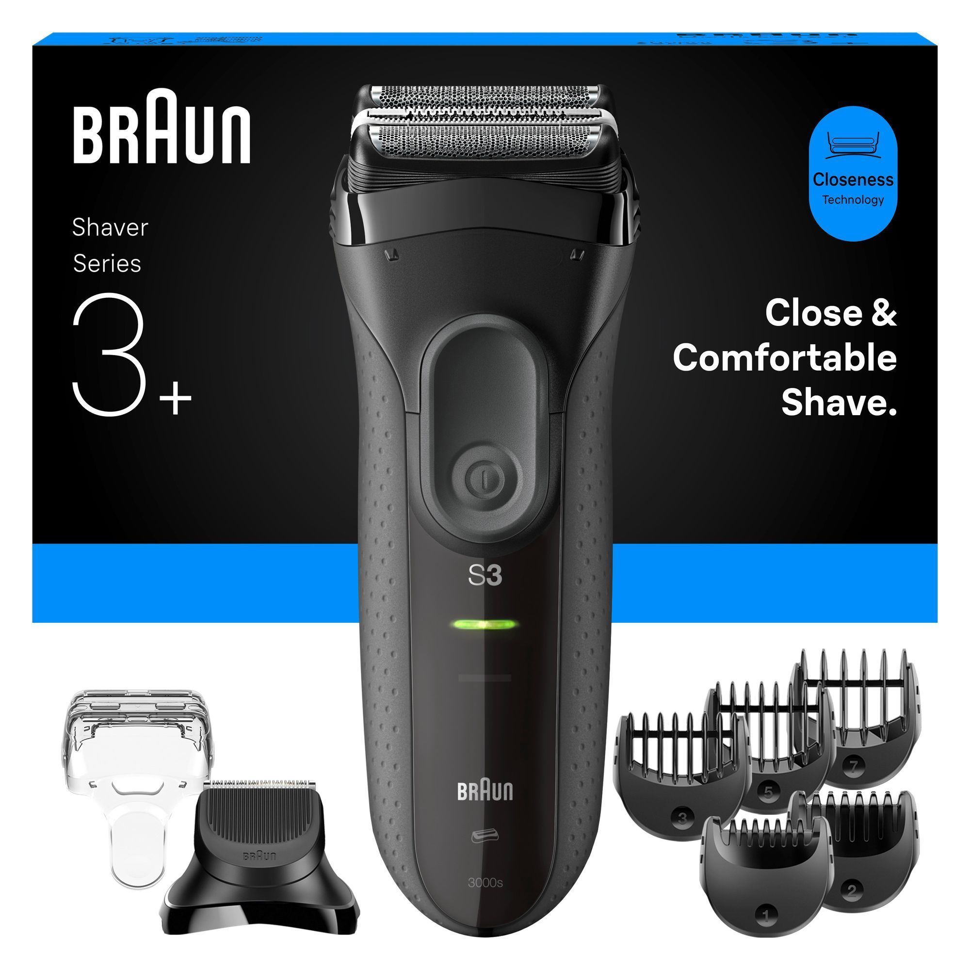 Braun Series 3 Rasierer mit Verpackung und Aufsätzen, hervorgehoben wird die "Close & Comfortable Shave" Technologie.