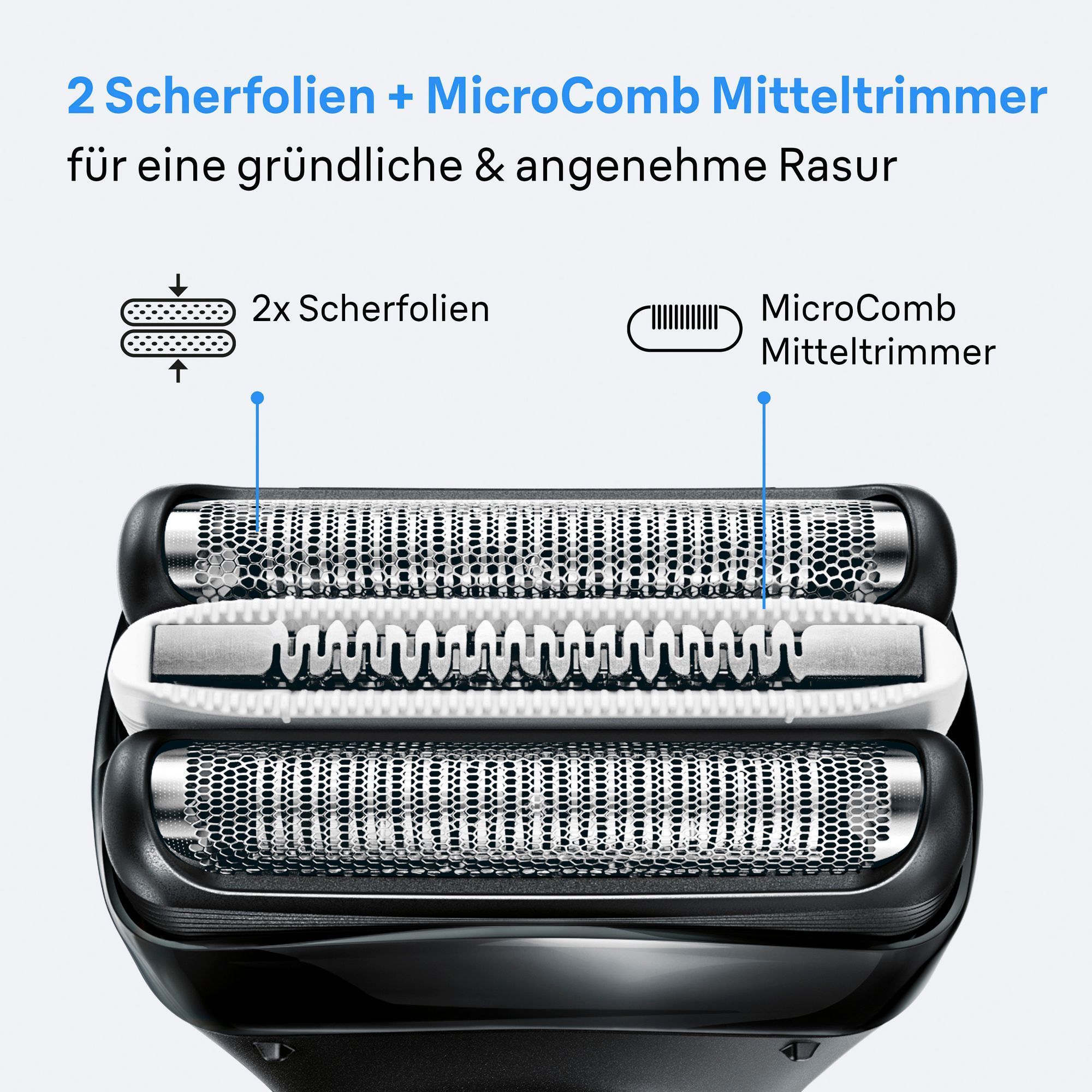 Braun Rasierer-Scherkopf mit 2 Scherfolien und MicroComb Mitteltrimmer für eine gründliche und angenehme Rasur.