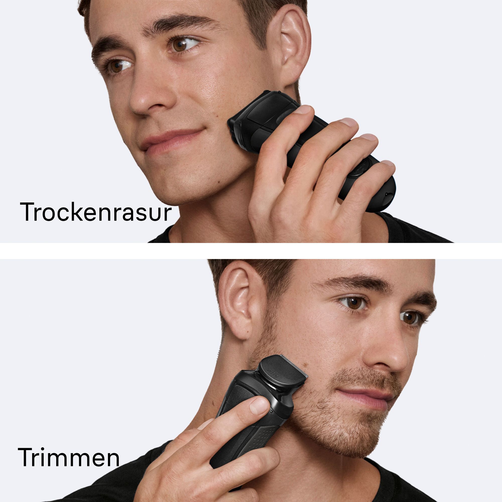 Braun Rasierer im Einsatz für eine sanfte Trockenrasur und zum präzisen Trimmen von Bartkonturen.