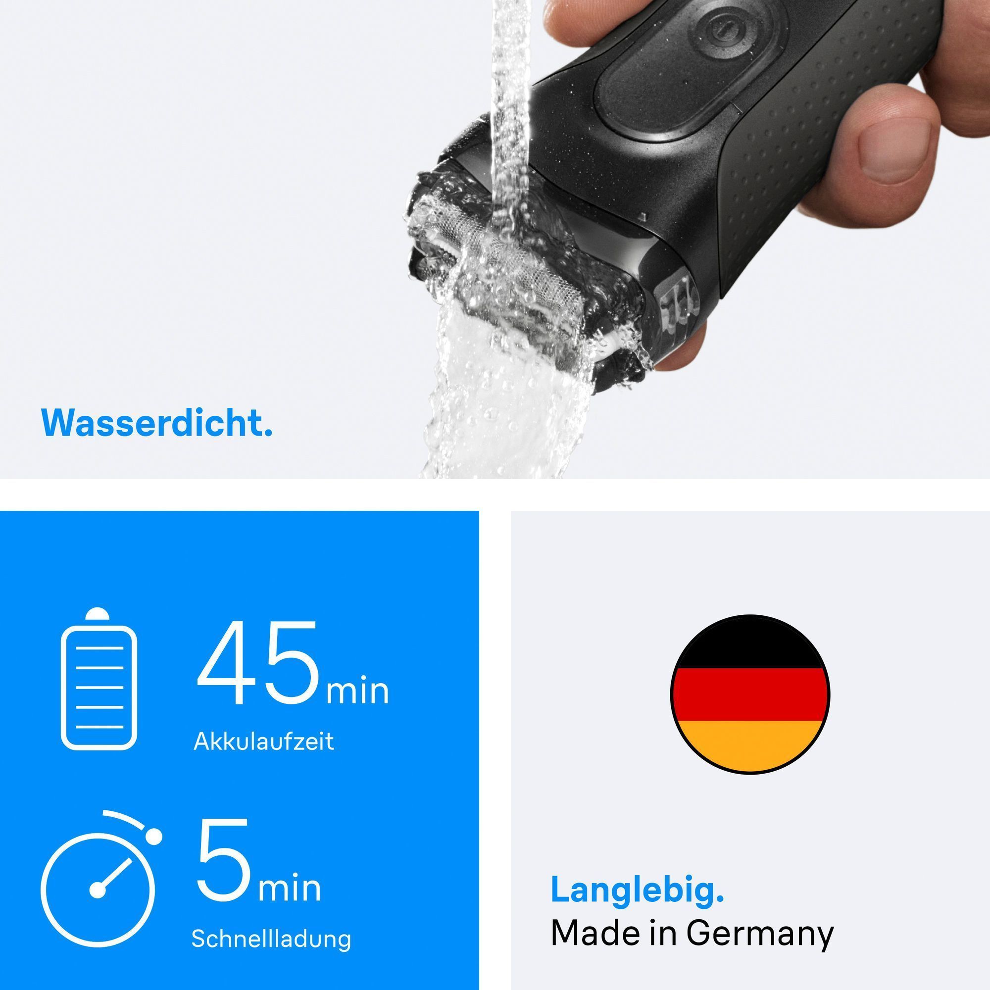 Braun Rasierer wird unter fließendem Wasser gereinigt, was seine Wasserdichtigkeit demonstriert.
