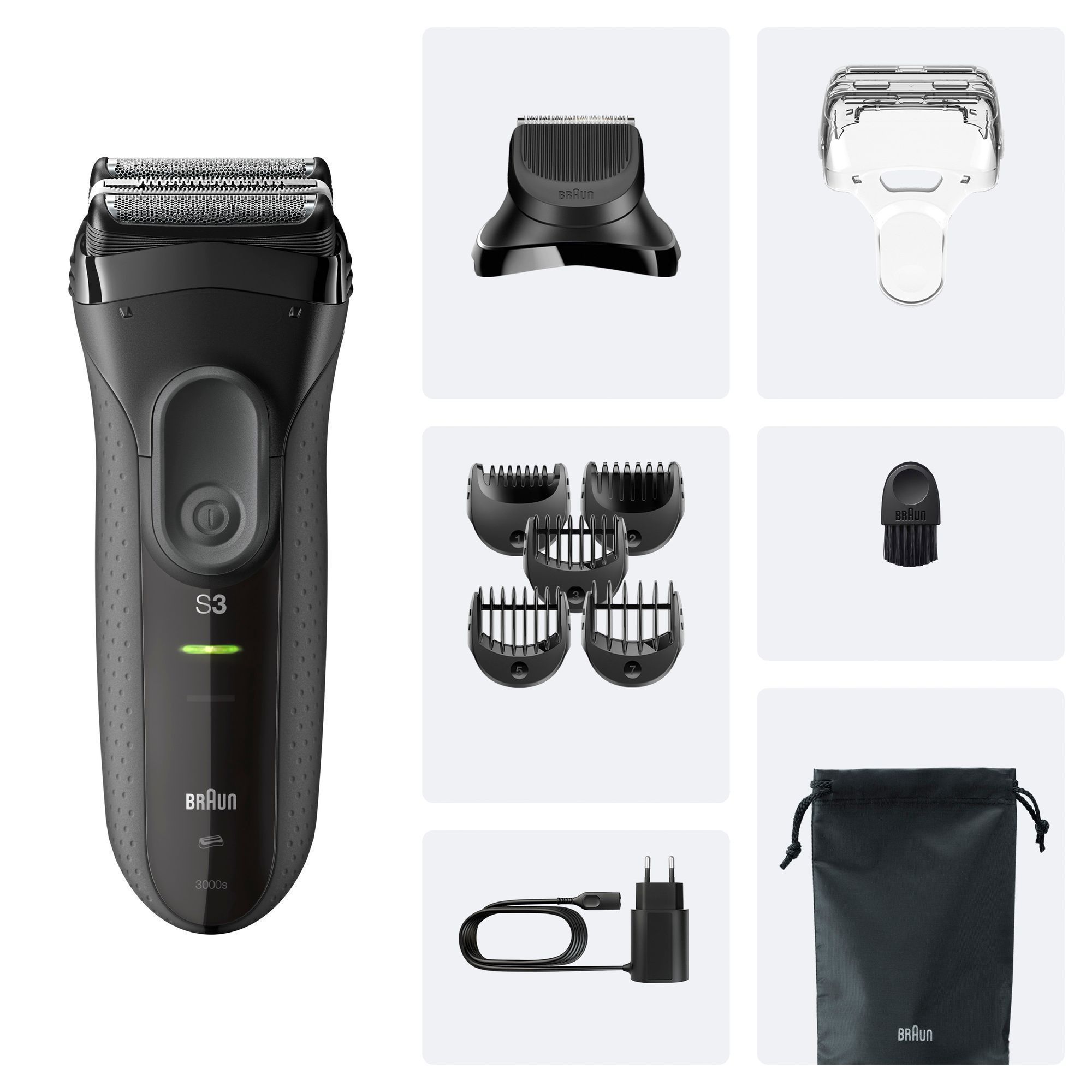 Braun Series 3 Rasierer mit verschiedenen Aufsätzen, Reinigungsbürste, Ladekabel und Aufbewahrungsbeutel für vielseitiges Styling.
