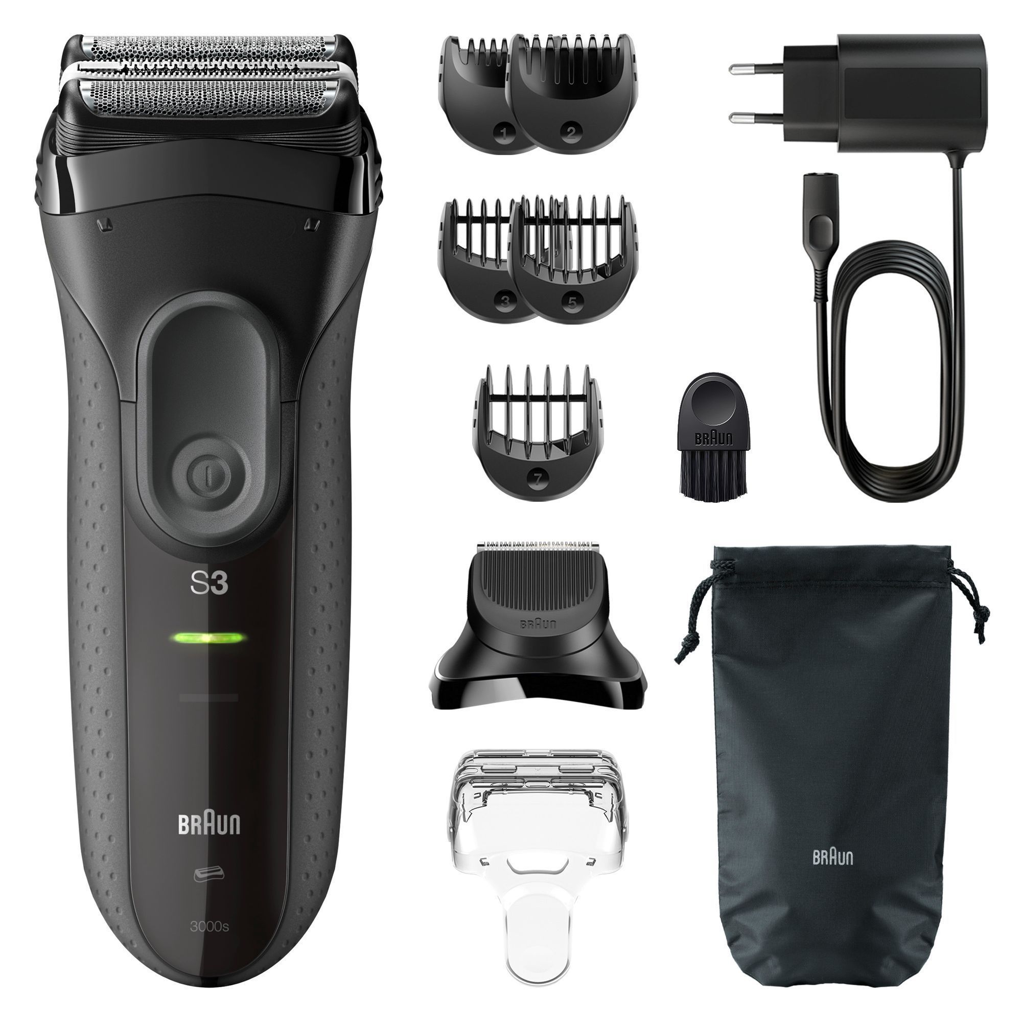 Braun Series 3 Rasierer mit Ladeadapter, Reinigungsbürste, Aufbewahrungsbeutel und verschiedenen Trimmeraufsätzen für unterschiedliche Bartlängen.