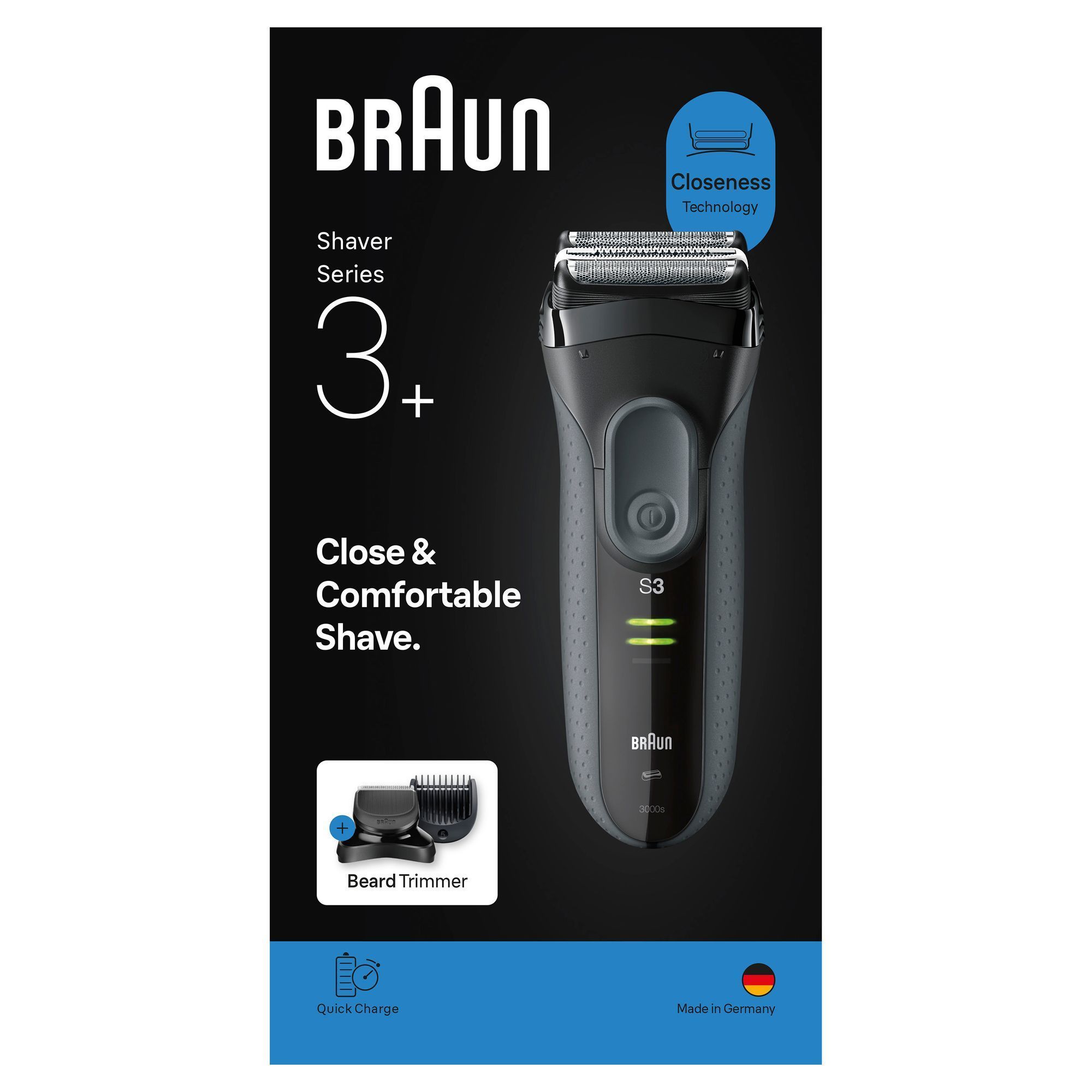 Braun Series 3+ Rasierer mit Verpackung, die die "Closeness Technology" und den Barttrimmer-Aufsatz hervorhebt.