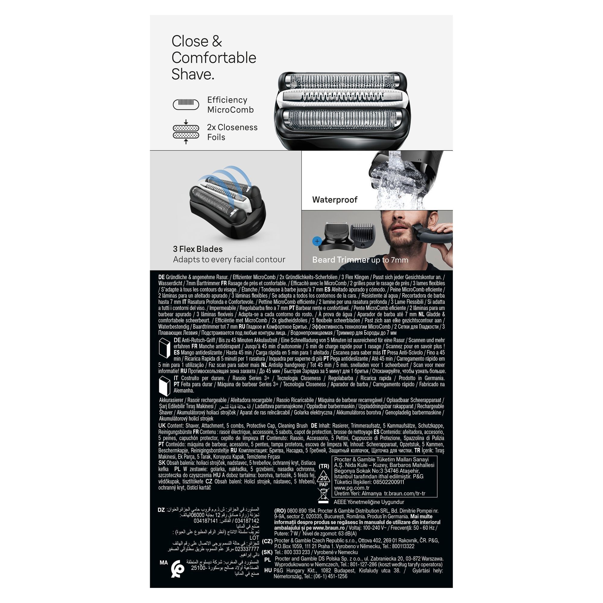 Braun Series 3 Rasierer mit Verpackung, die die 3 Flex Blades hervorhebt, die sich jeder Gesichtskontur anpassen.