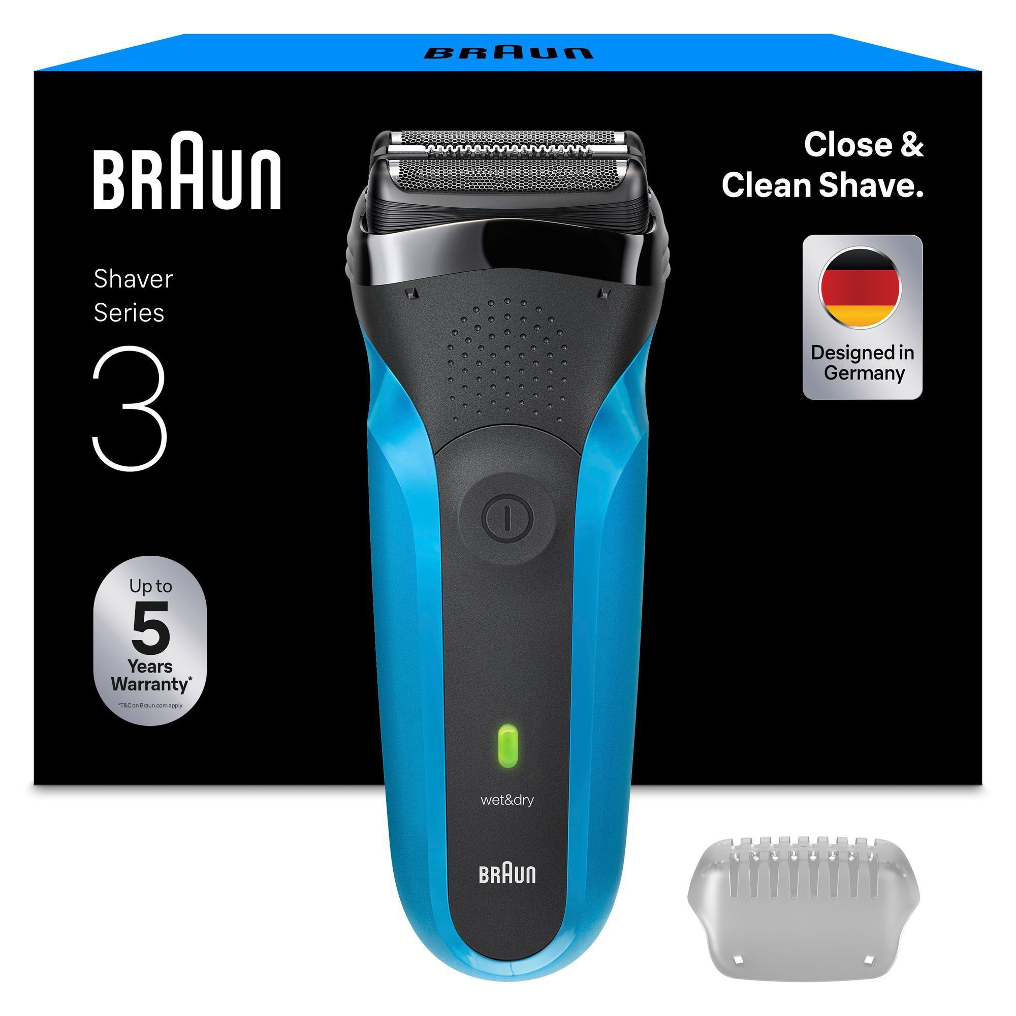 Braun Series 3 Rasierer, gezeigt mit Verpackung und dem Hinweis auf eine gründliche und saubere Rasur.