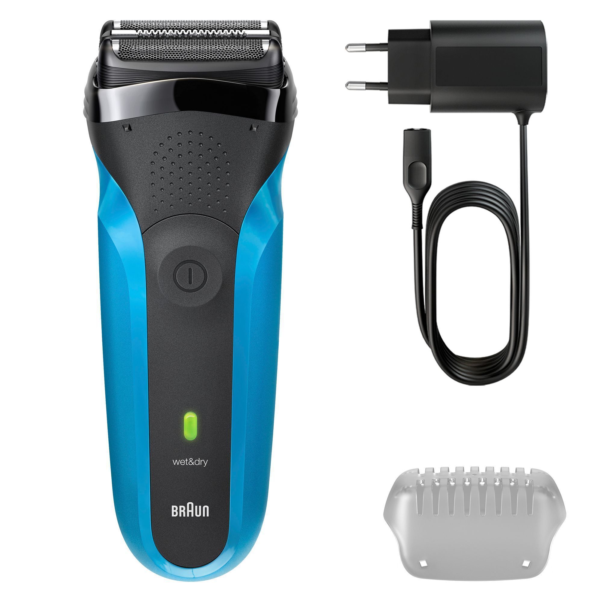Braun Series 3 Rasierer, gezeigt mit Ladekabel, Reinigungsbürste und Trimmeraufsatz.