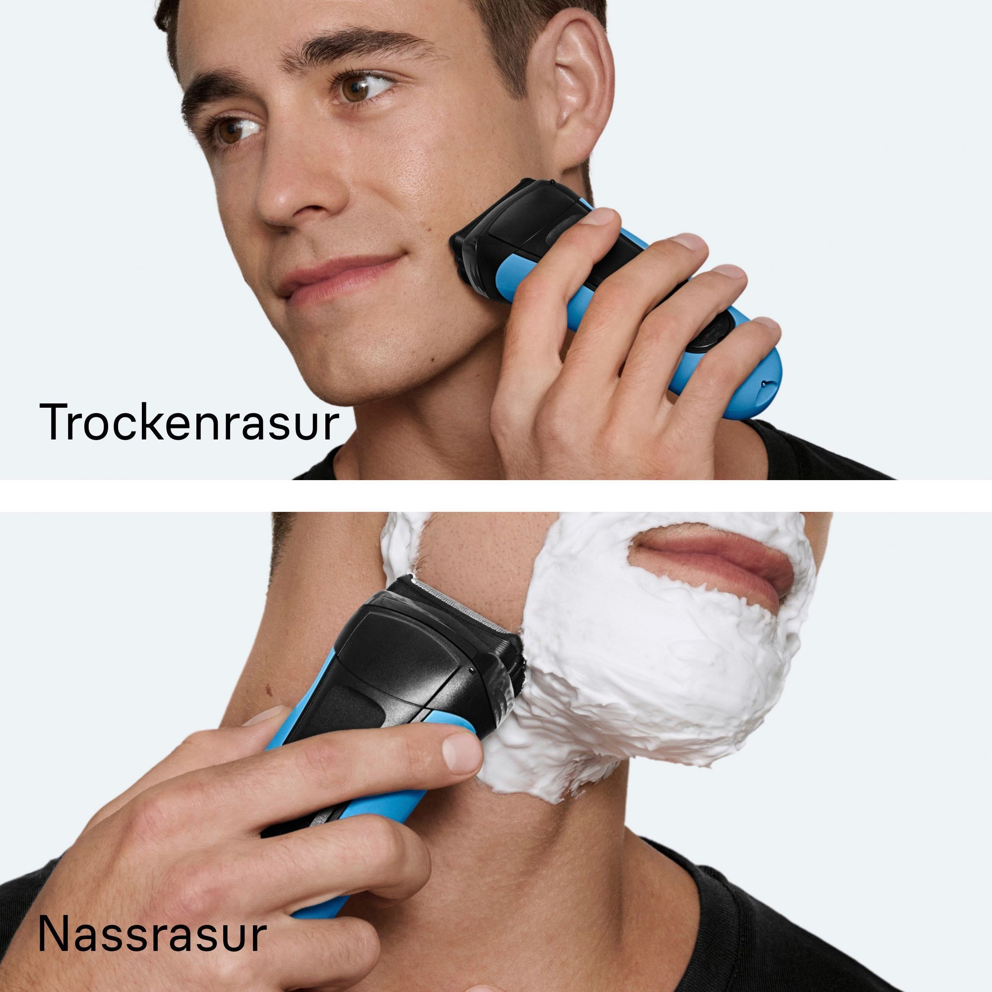 Braun Rasierer im Einsatz für Trocken- und Nassrasur, demonstriert die Vielseitigkeit des Produkts.