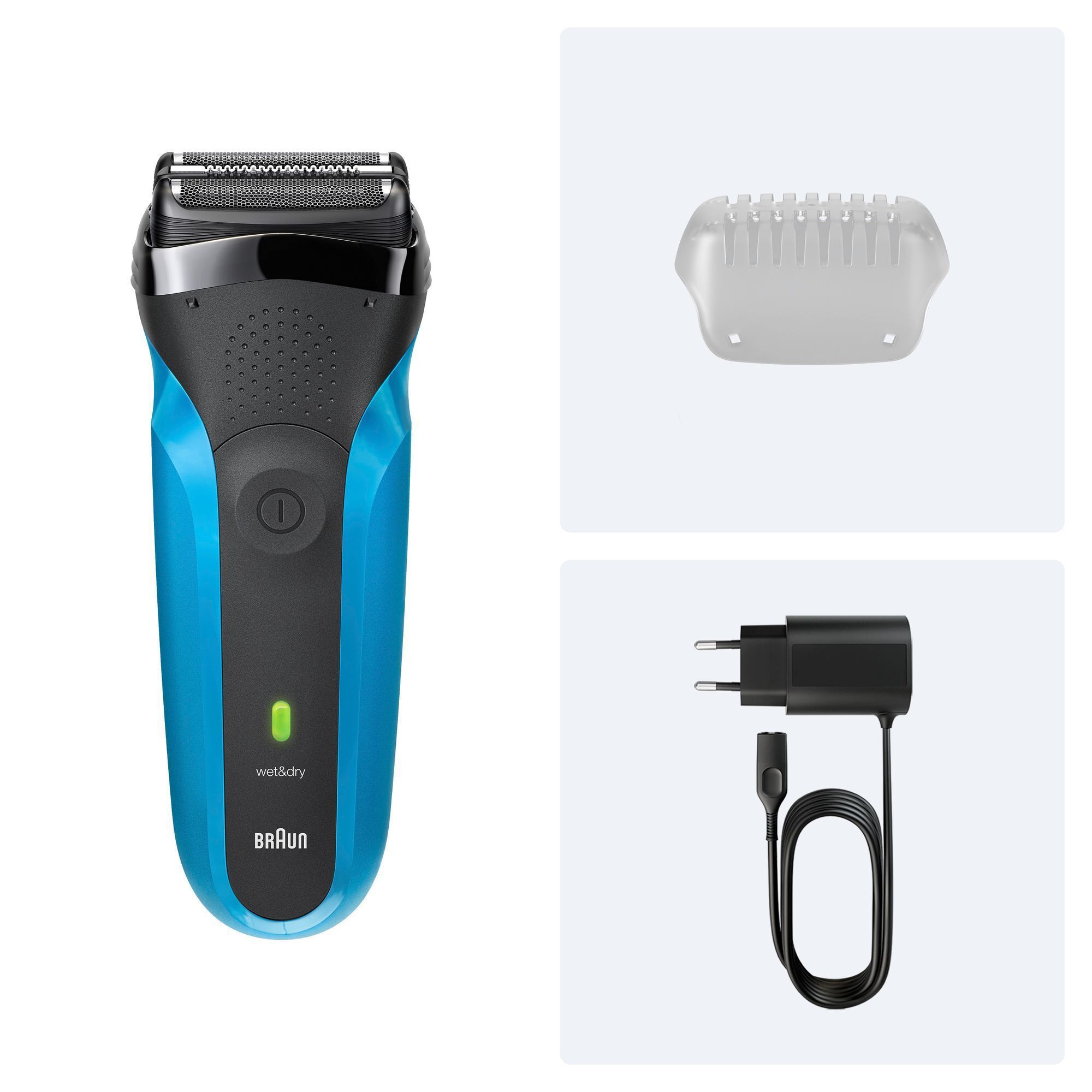 Braun Rasierer mit Zubehör für Nass- und Trockenrasur, inklusive Schutzkappe, Reinigungsbürste und Ladekabel.