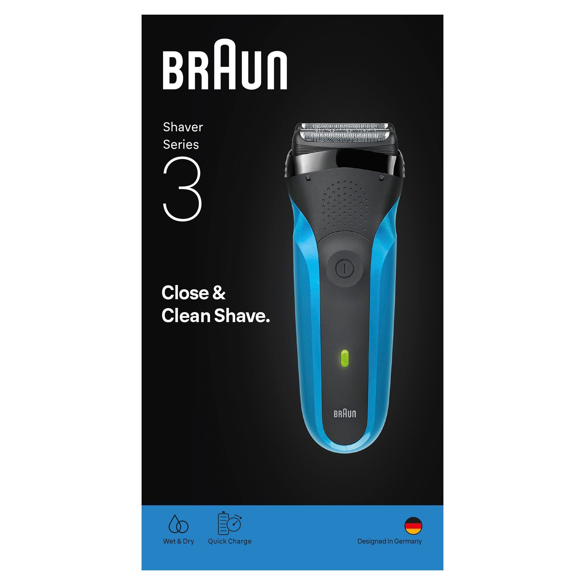 Braun Series 3 Rasierer Verpackung, die für eine Close & Clean Shave wirbt.