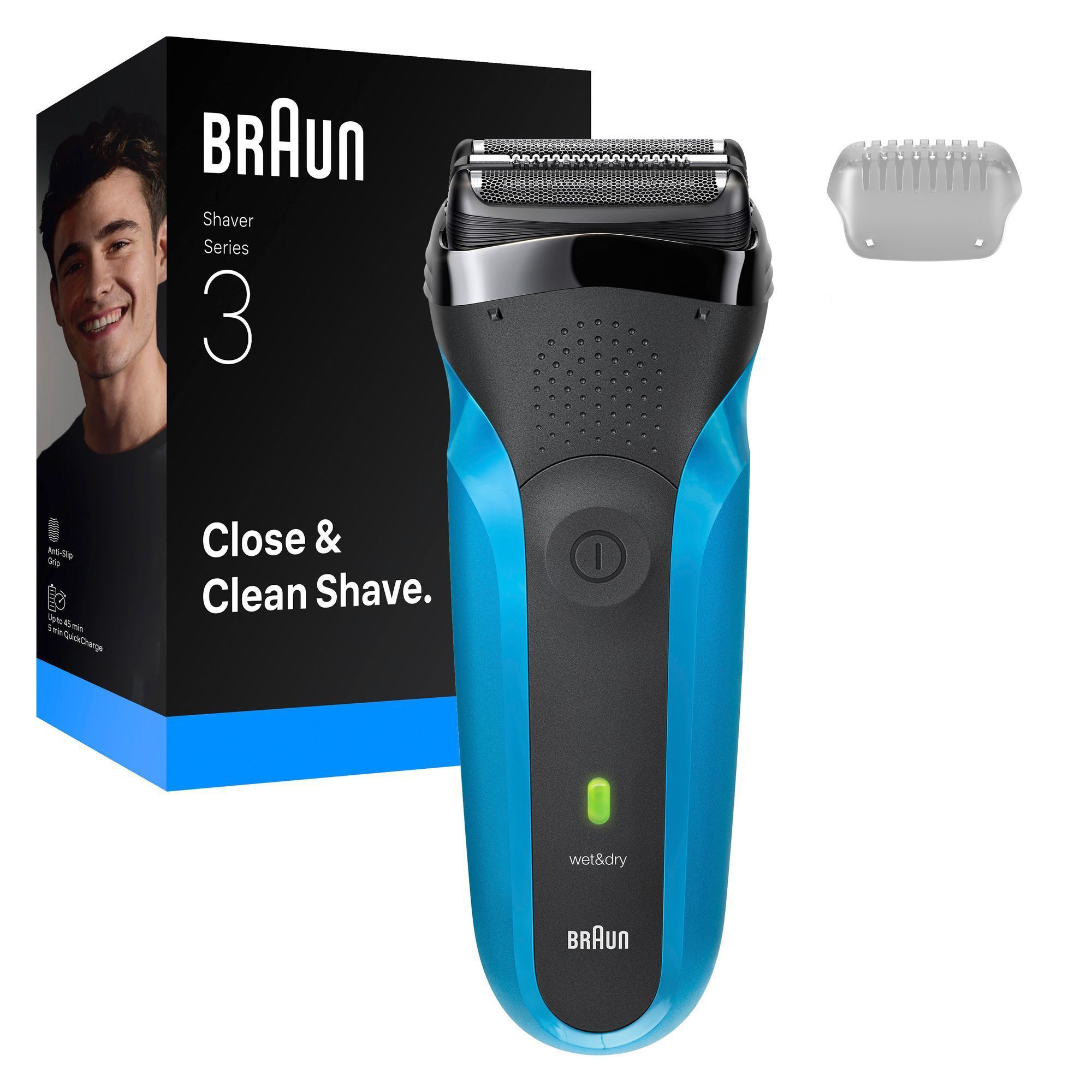 Braun Series 3 Rasierer mit Verpackung, die für eine Close & Clean Shave wirbt, und Trimmeraufsatz.