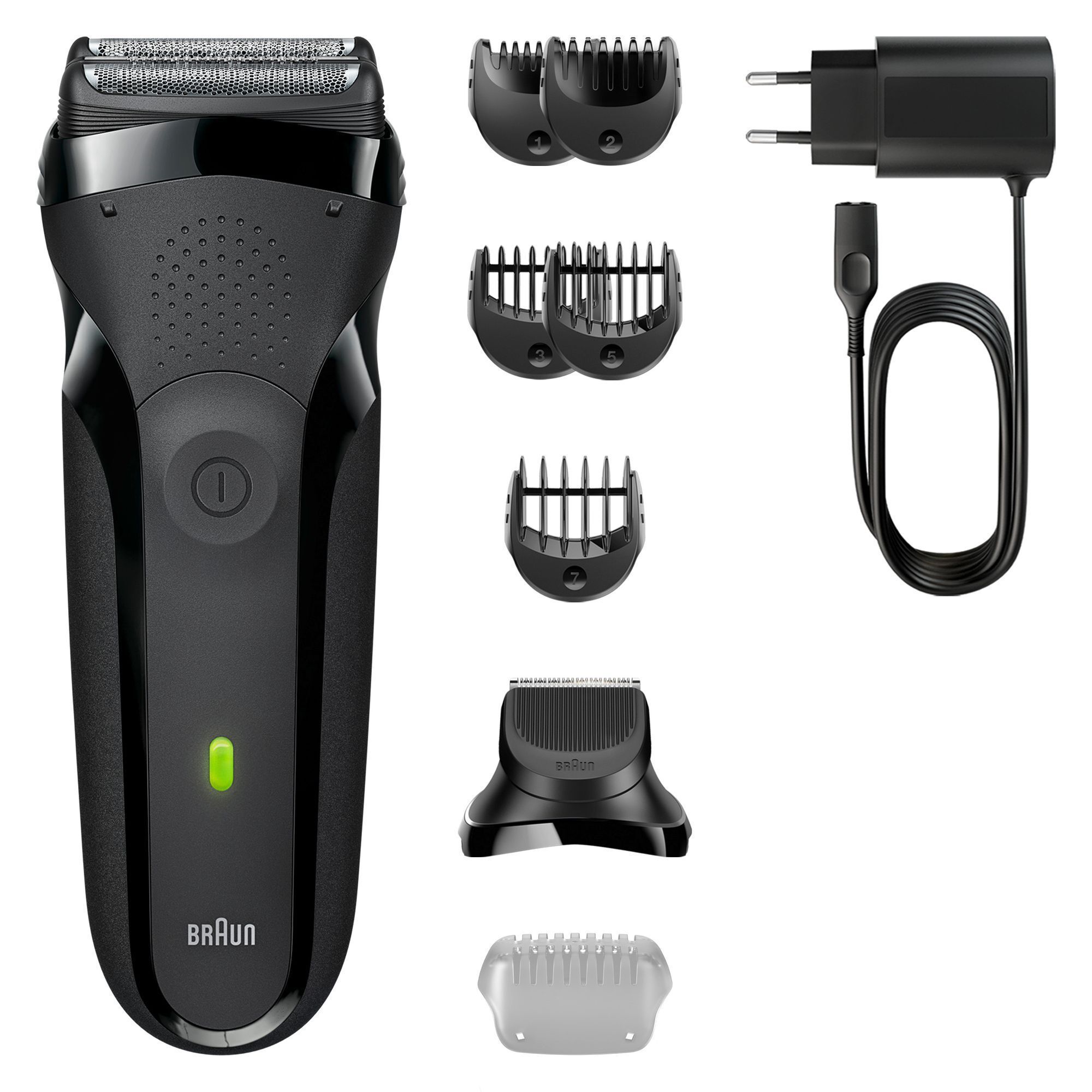 Braun Series 3 Rasierer mit verschiedenen Trimmeraufsätzen, Reinigungsbürste und Ladekabel.
