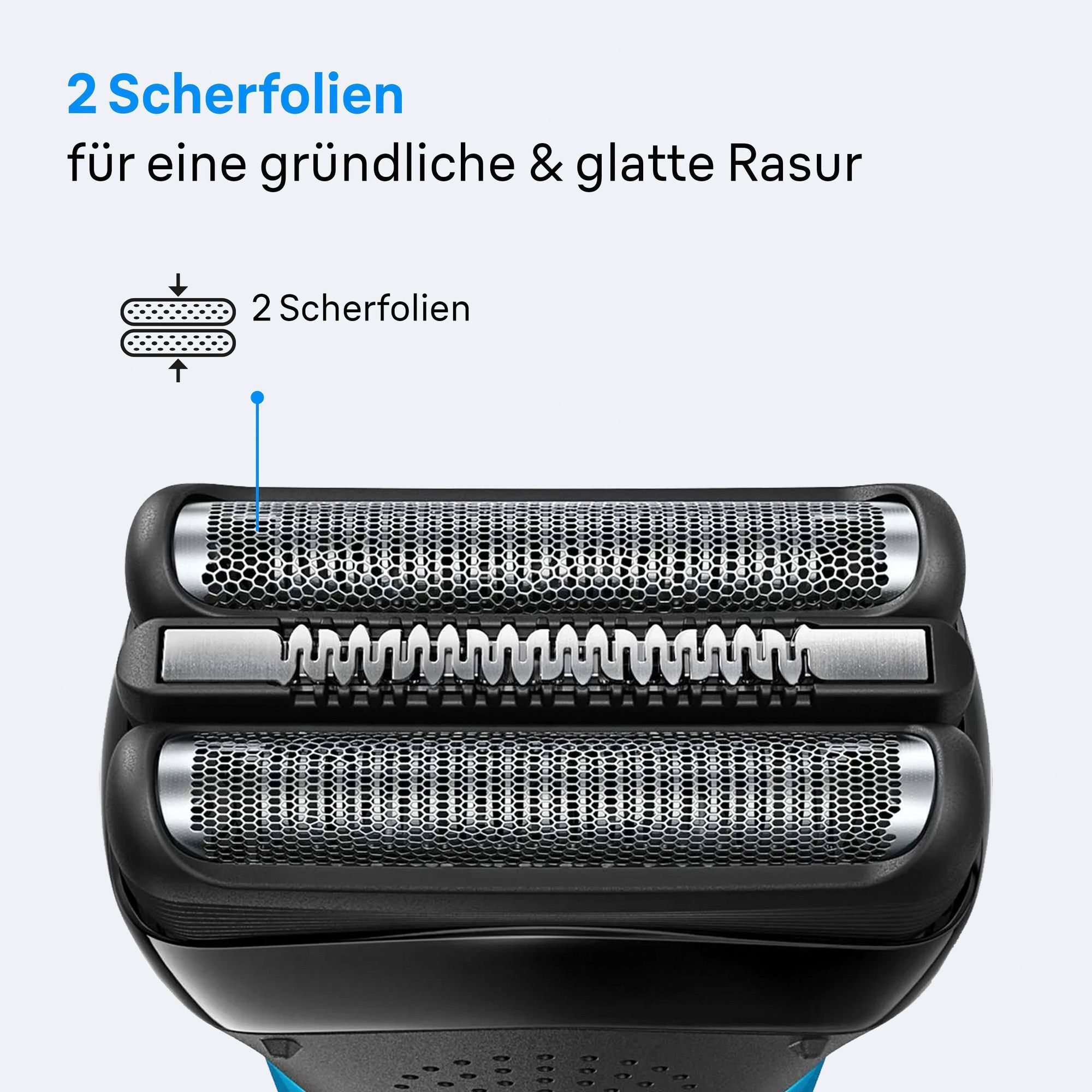 Braun Rasierer-Scherfolien, hervorgehoben für eine gründliche und glatte Rasur dank der doppelten Scherfolien.