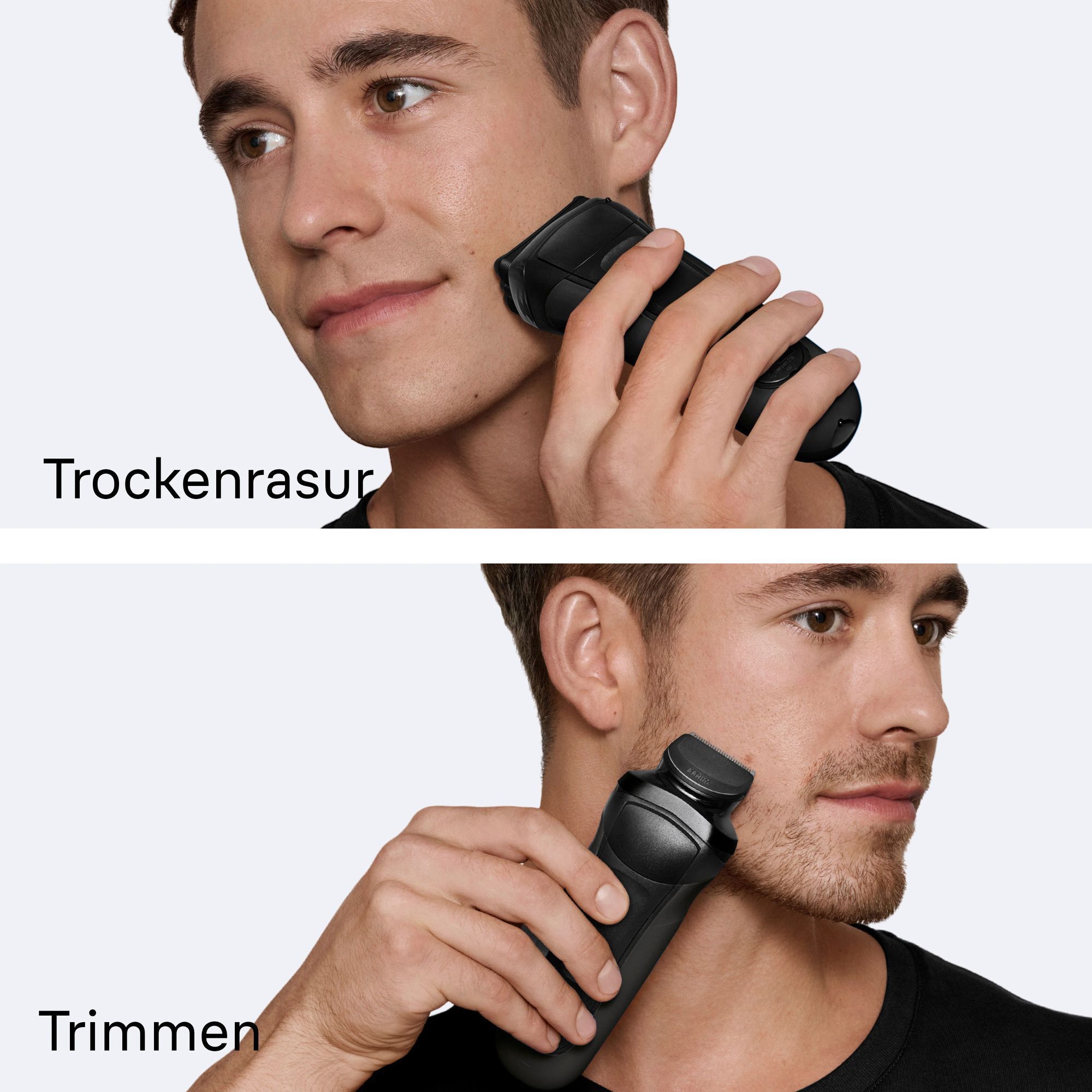 Braun Rasierer im Einsatz für eine sanfte Trockenrasur und zum Trimmen von Bartkonturen.