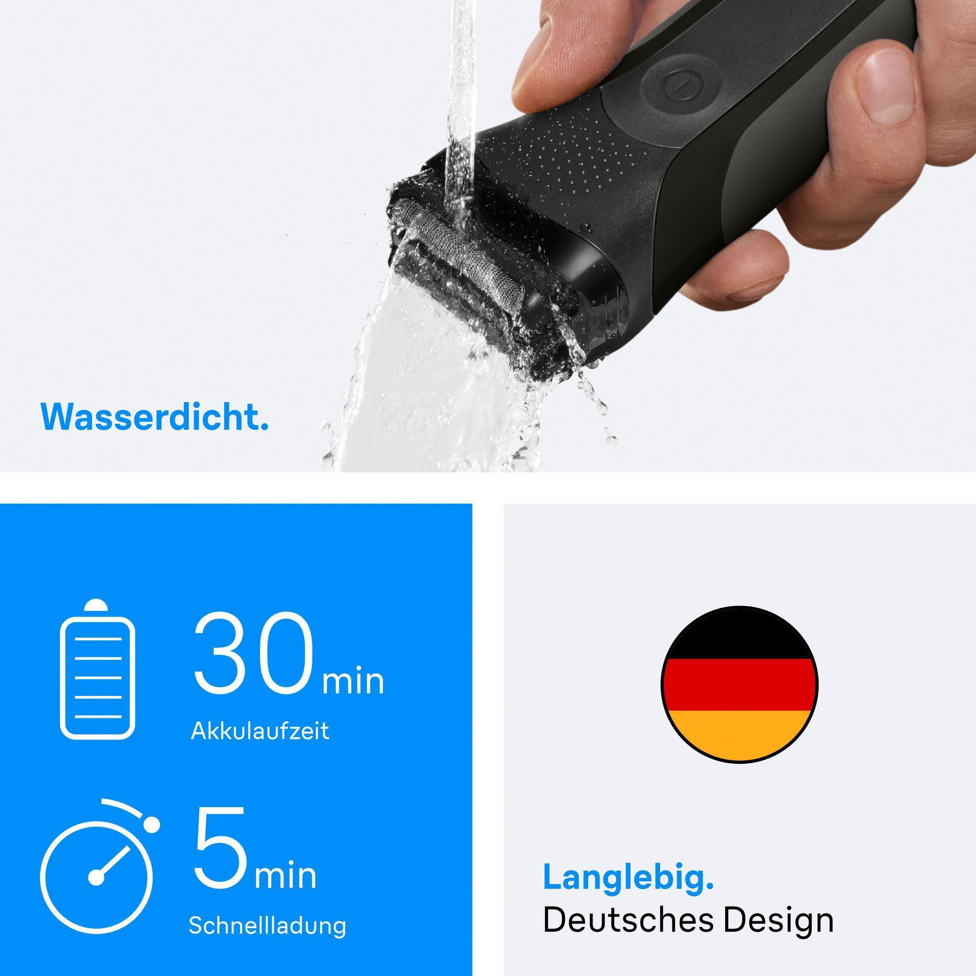 Braun Rasierer wird unter fließendem Wasser gereinigt, um die Wasserdichtigkeit und einfache Reinigung hervorzuheben.