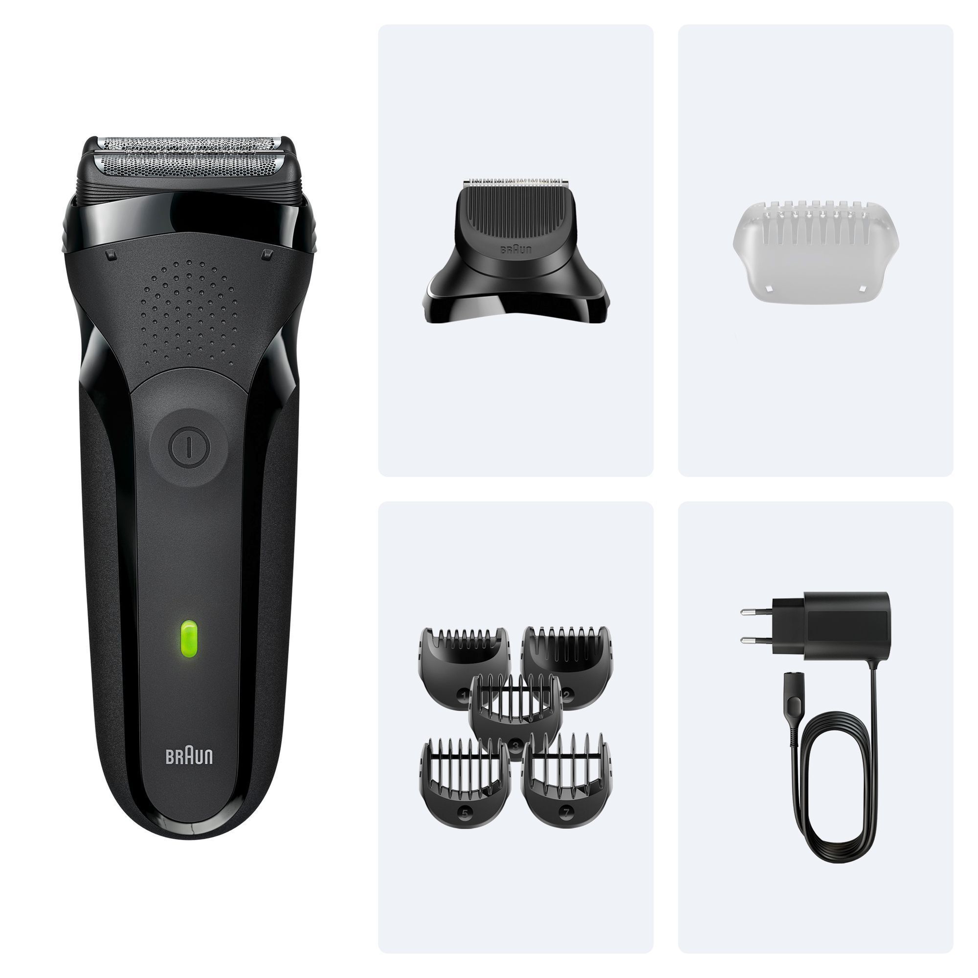 Braun Rasierer mit verschiedenen Aufsätzen für Bartstyling und Körperpflege.