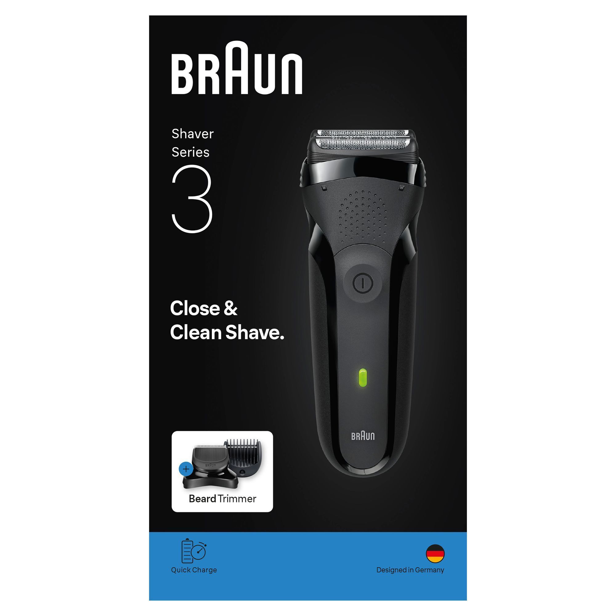 Braun Series 3 Rasierer, Verpackung mit Hinweis auf Close & Clean Shave und Barttrimmer-Aufsatz.