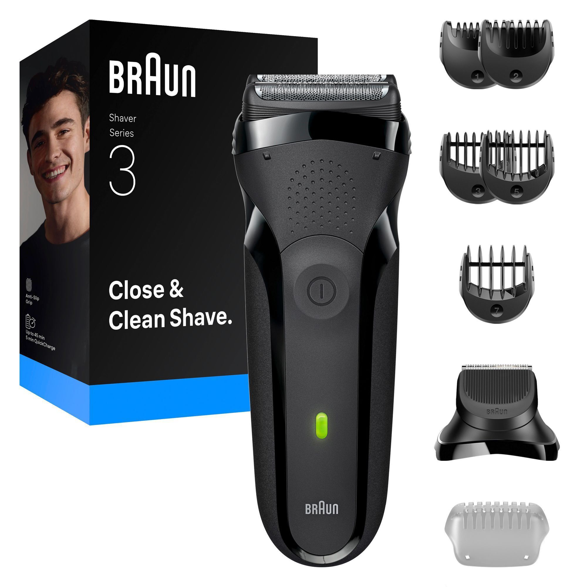 Braun Series 3 Rasierer mit Verpackung, die eine Close & Clean Shave hervorhebt, und verschiedenen Trimmeraufsätzen.