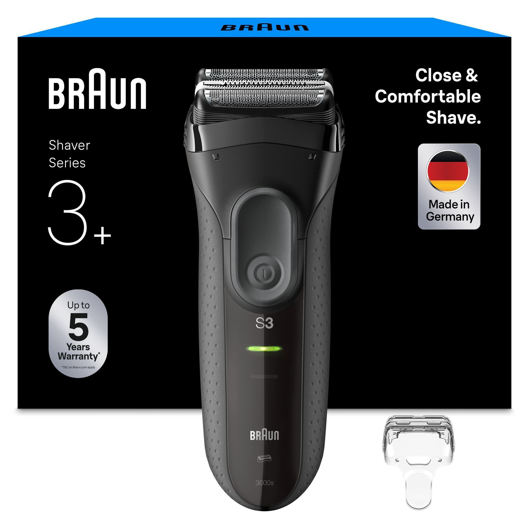 Braun Series 3 Rasierer mit Verpackung, hervorgehoben wird die "Close & Comfortable Shave" Technologie.