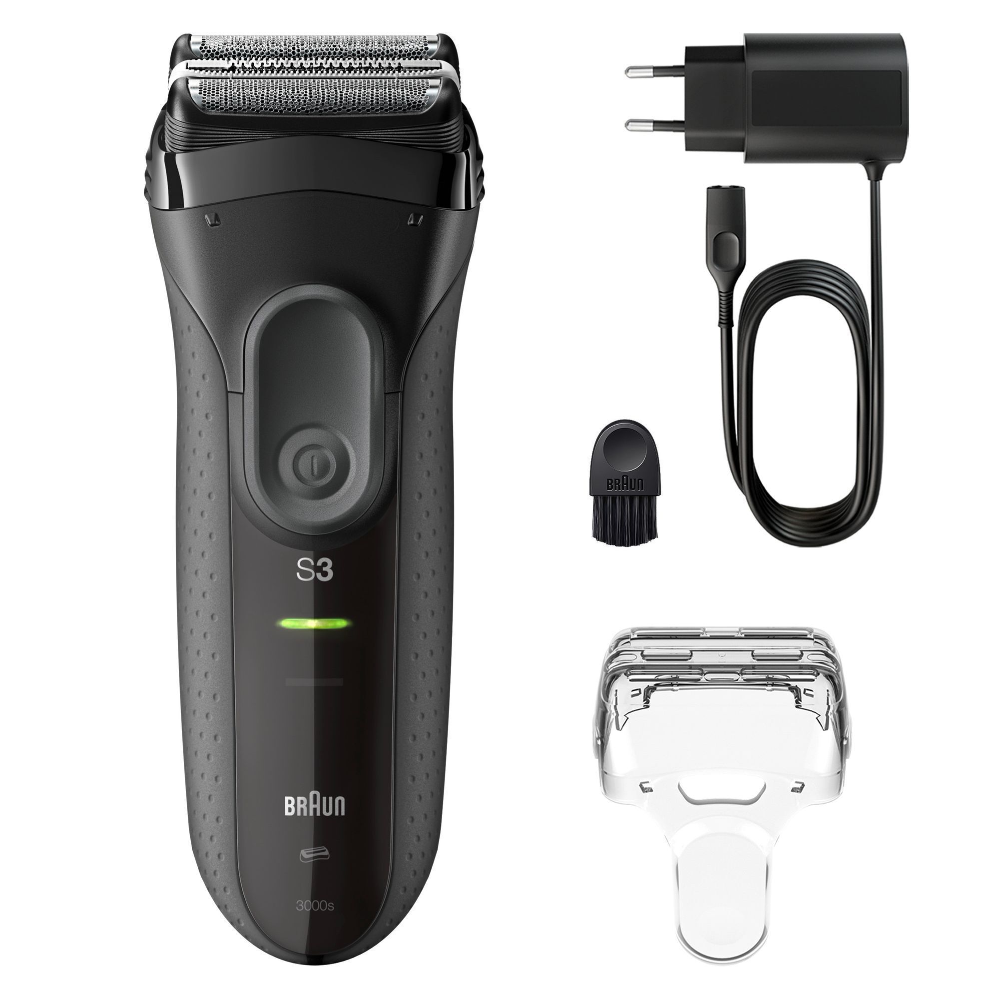 Braun Series 3 Rasierer mit Ladekabel, Reinigungsbürste und Schutzkappe, die im Lieferumfang enthalten sind.