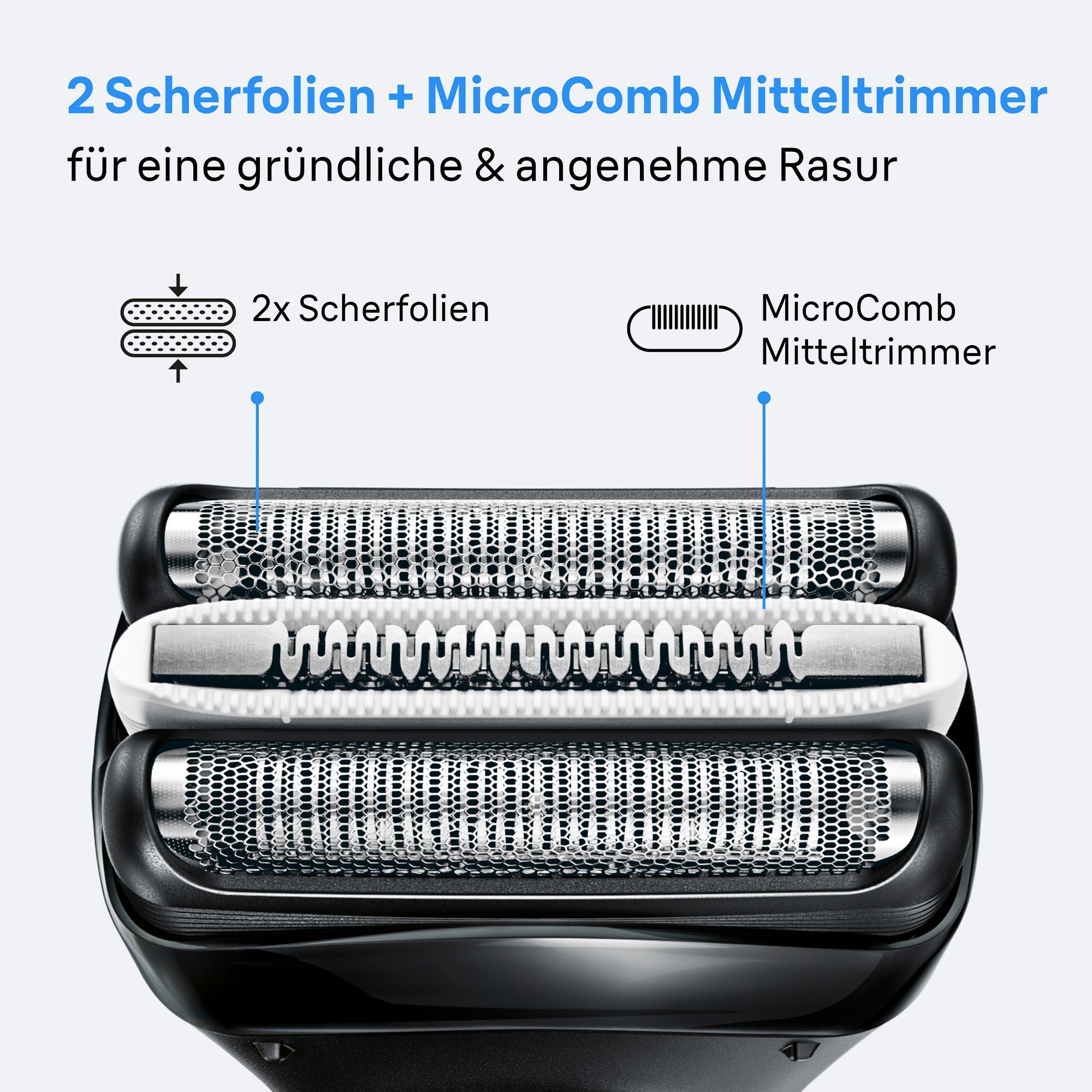 Braun Rasierer-Scherkopf mit 2 Scherfolien und MicroComb Mitteltrimmer für eine gründliche und angenehme Rasur.