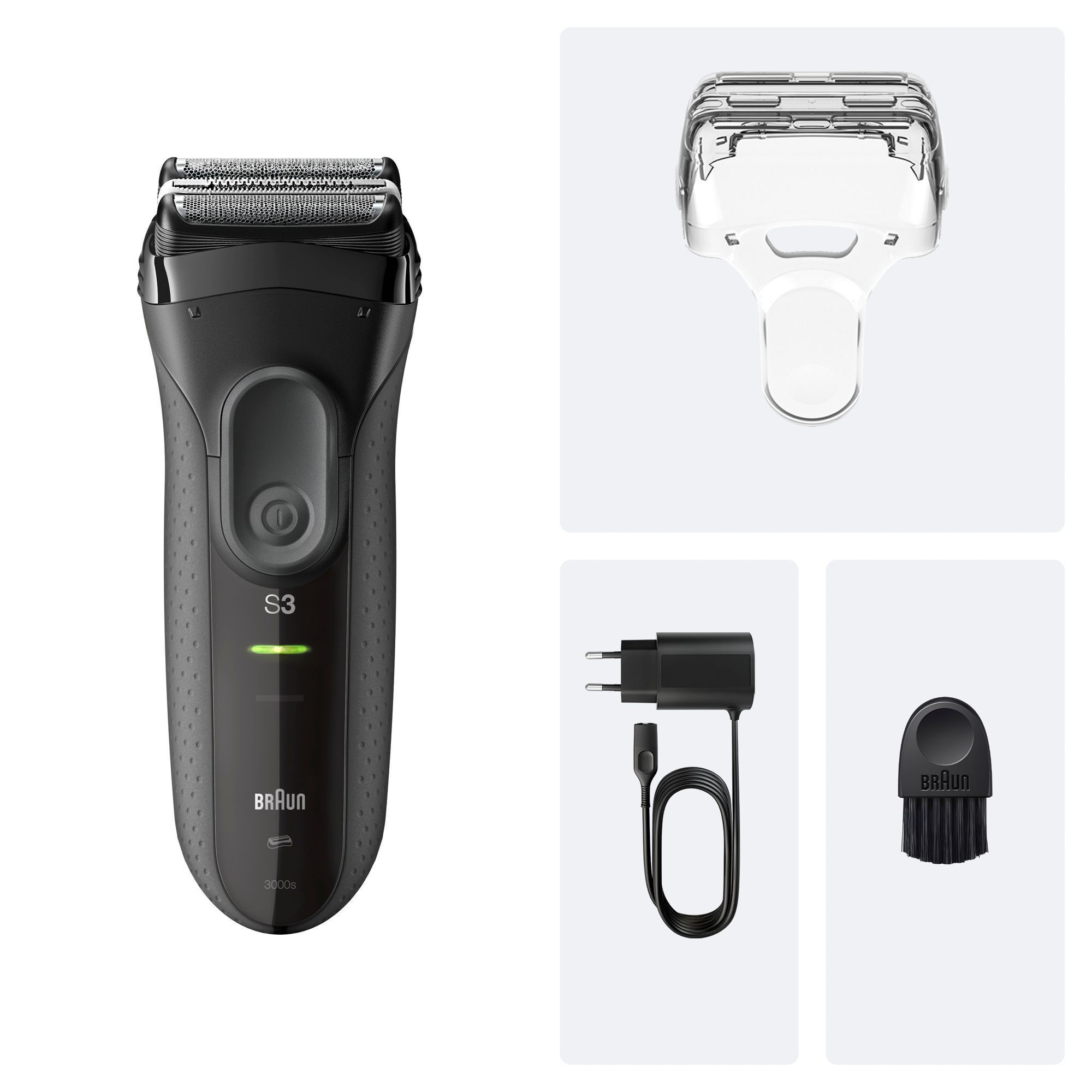 Braun Series 3 Rasierer mit Reinigungsbürste, Schutzkappe und Ladekabel für eine einfache und effektive Rasur.