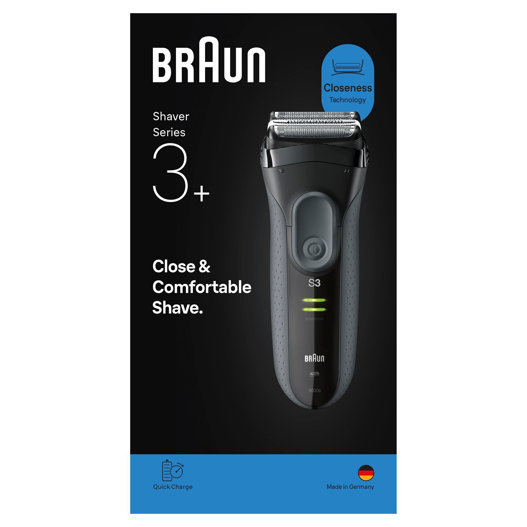 Braun Series 3 Rasierer, Verpackung mit dem Hinweis auf "Closeness Technology" für eine gründliche Rasur.